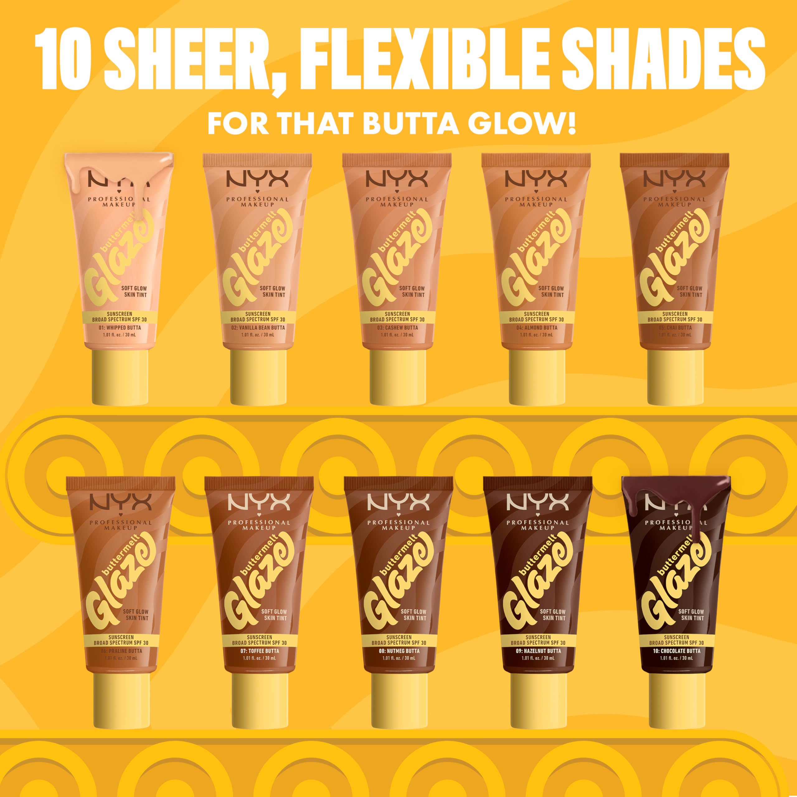 NYX PROFESSIONAL MAKEUP Buttermelt Glaze Soft Glow Skin Tint + SPF 30, 12HR Wear — Vanilla Bean Butta (02)