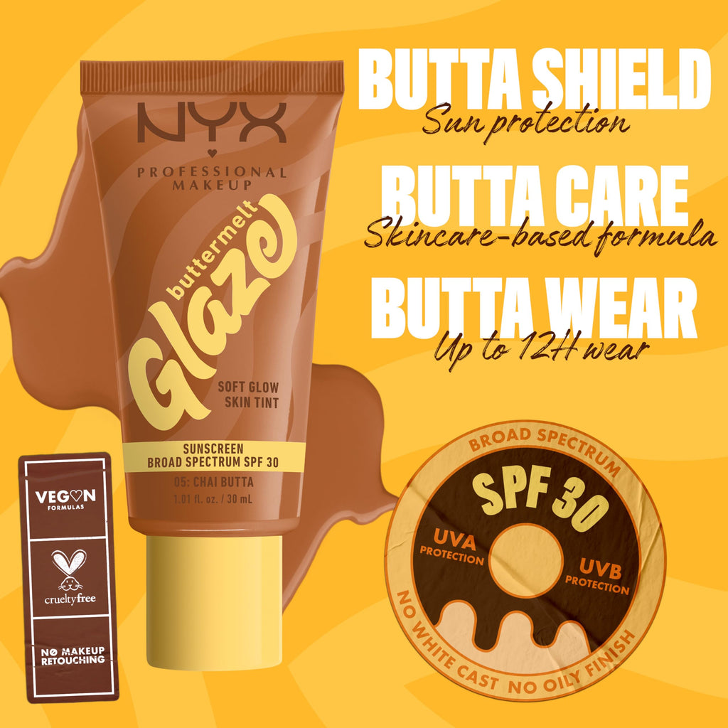 NYX PROFESSIONAL MAKEUP Buttermelt Glaze Skin Tint + SPF 30 – Up To 12HR Wear, 05 Chai Butta