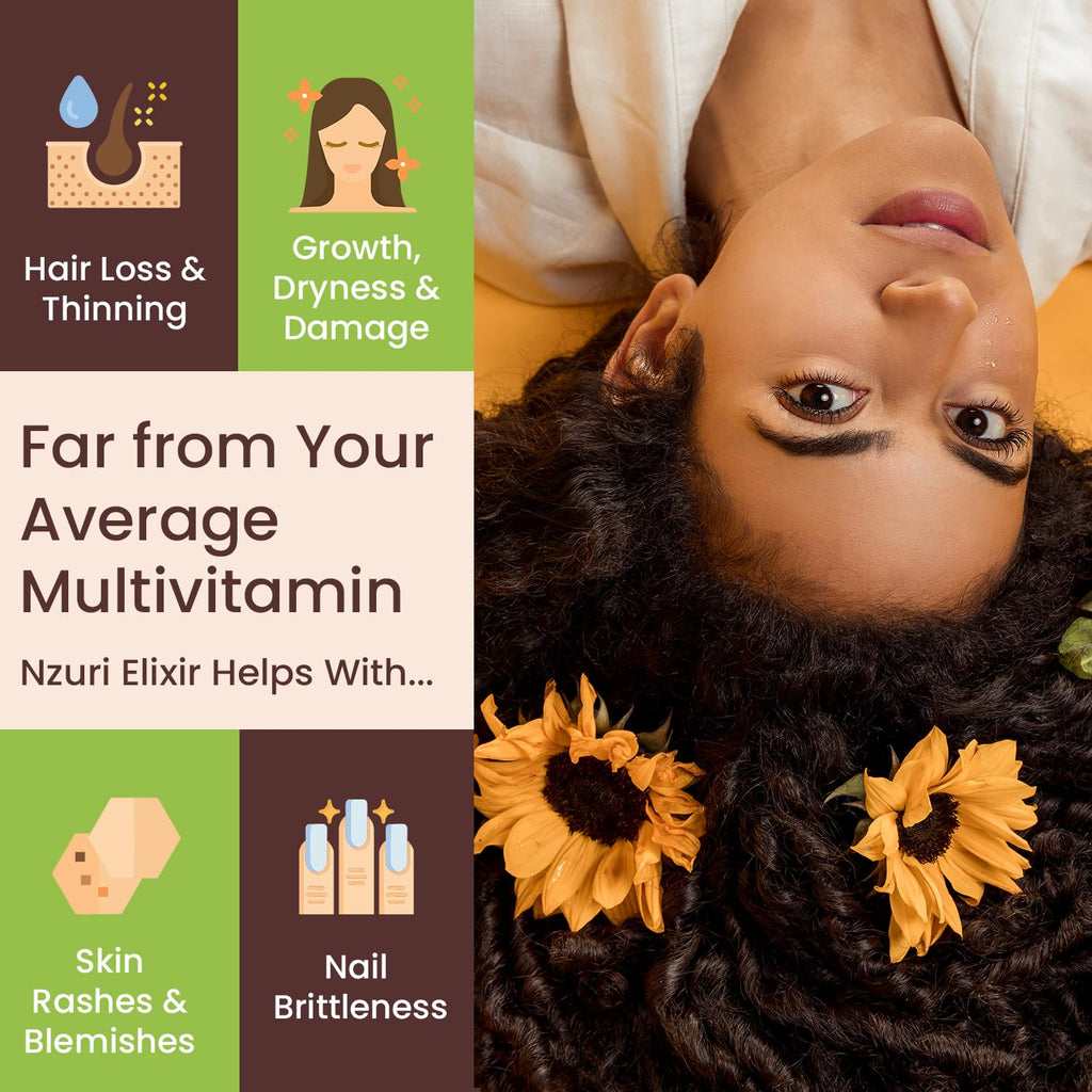Nzuri Elixir Hair Skin Nails Vitamins – Biotin, Folate & Vitamin D | 32 oz
