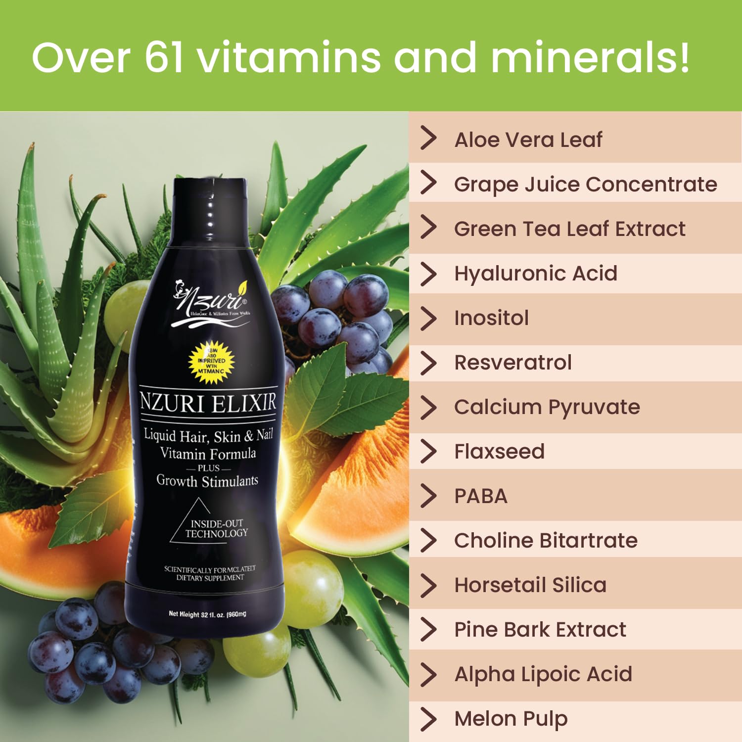 Nzuri Elixir Hair Skin Nails Vitamins – Biotin, Folate & Vitamin D | 32 oz