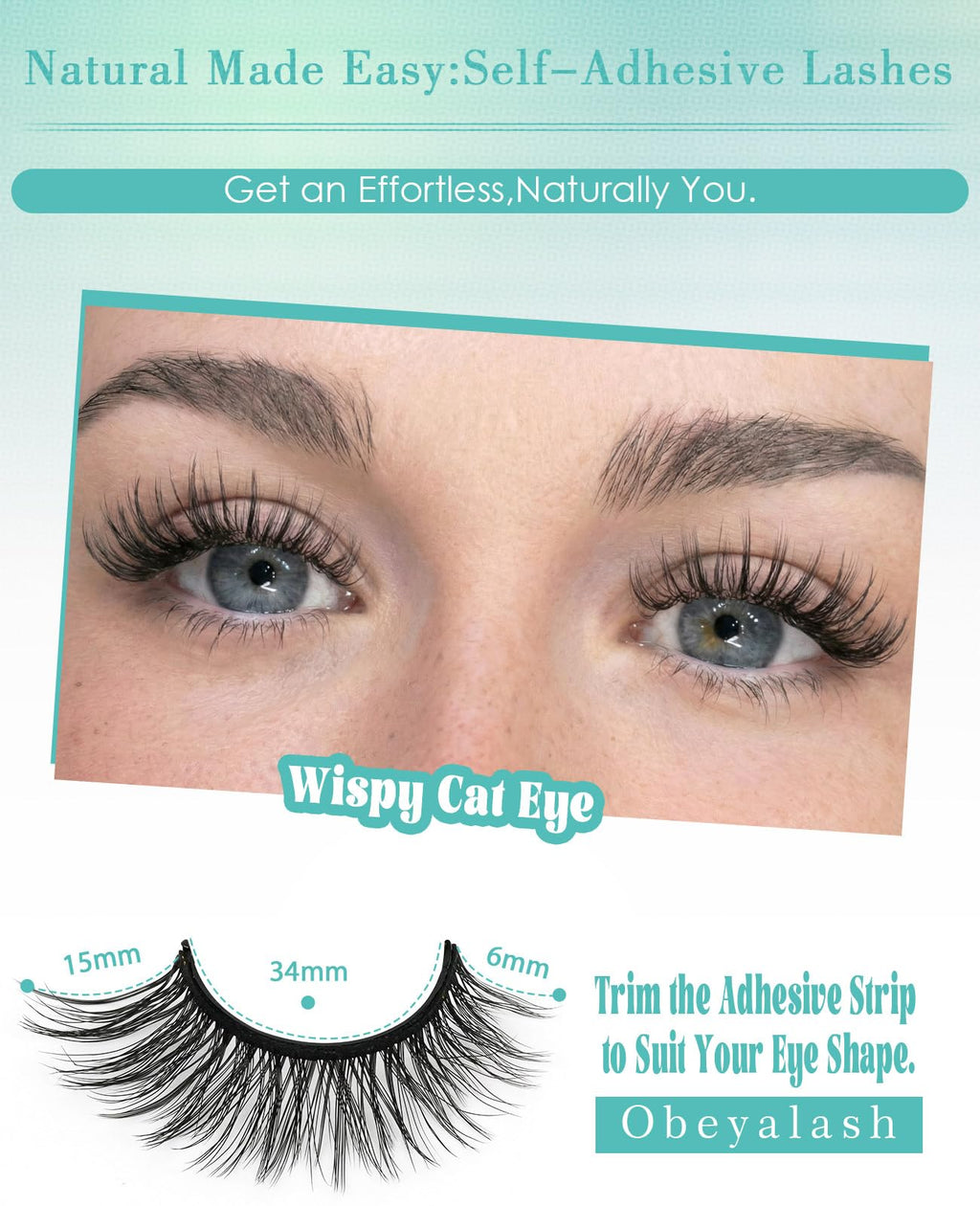 Obeyalash Self-Adhesive Cat Eye Lashes – Waterproof, Glueless, 15mm, 5 Pairs with Tweezers
