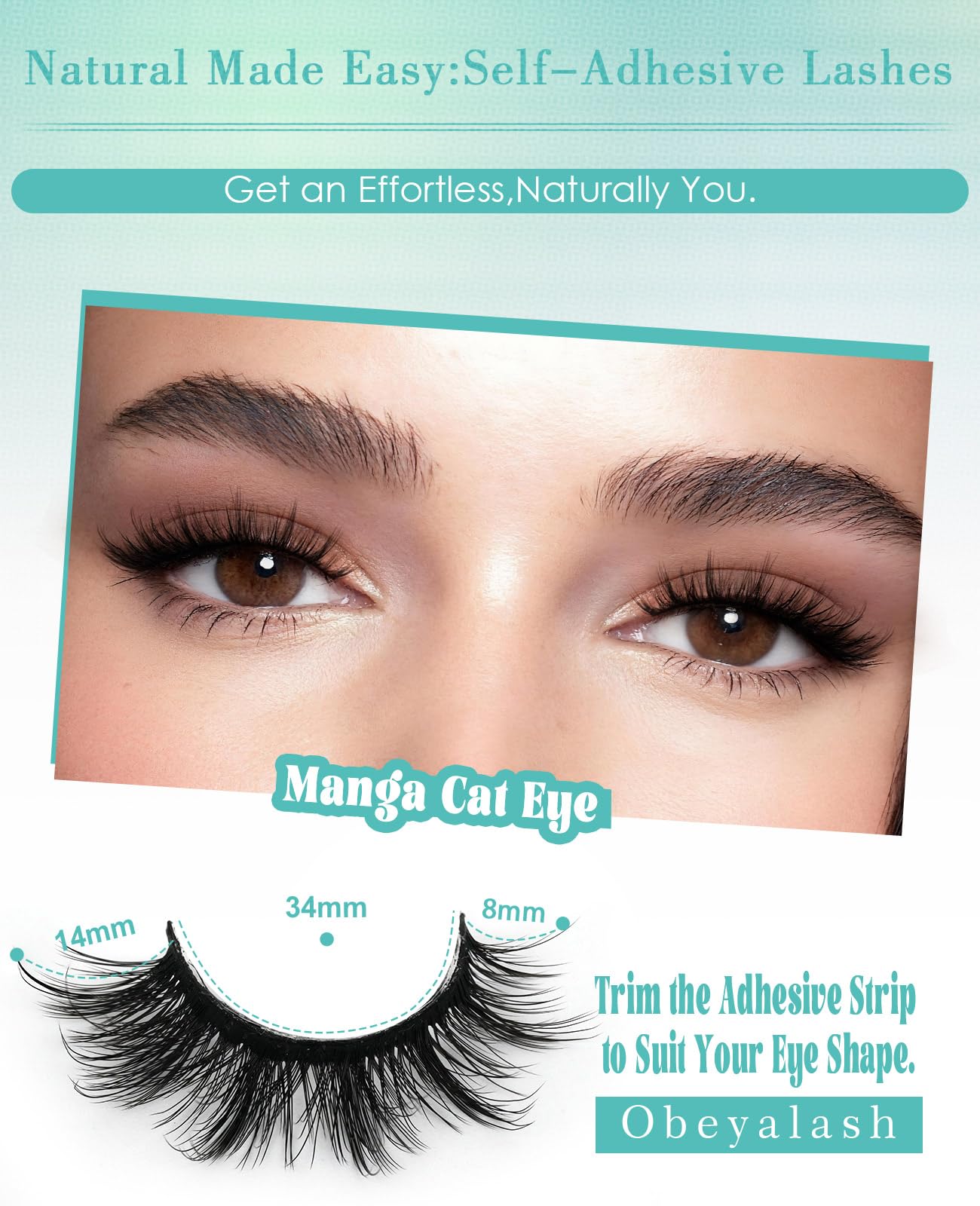 Obeyalash Self Adhesive Eyelashes Cat Eye M877 – 5 Pairs, Waterproof, Glueless with Tweezers