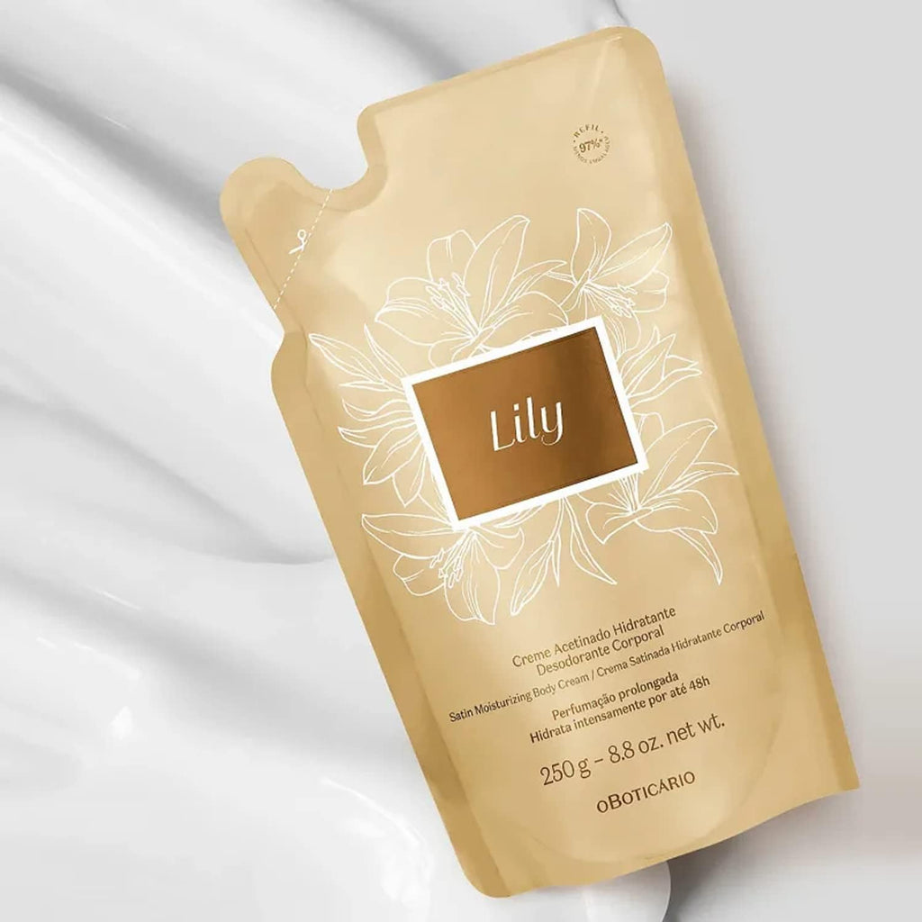 O Boticário Lily Satin Moisturizing Body Cream Refill Pouch – 24h Hydration, Fragrance (250g)
