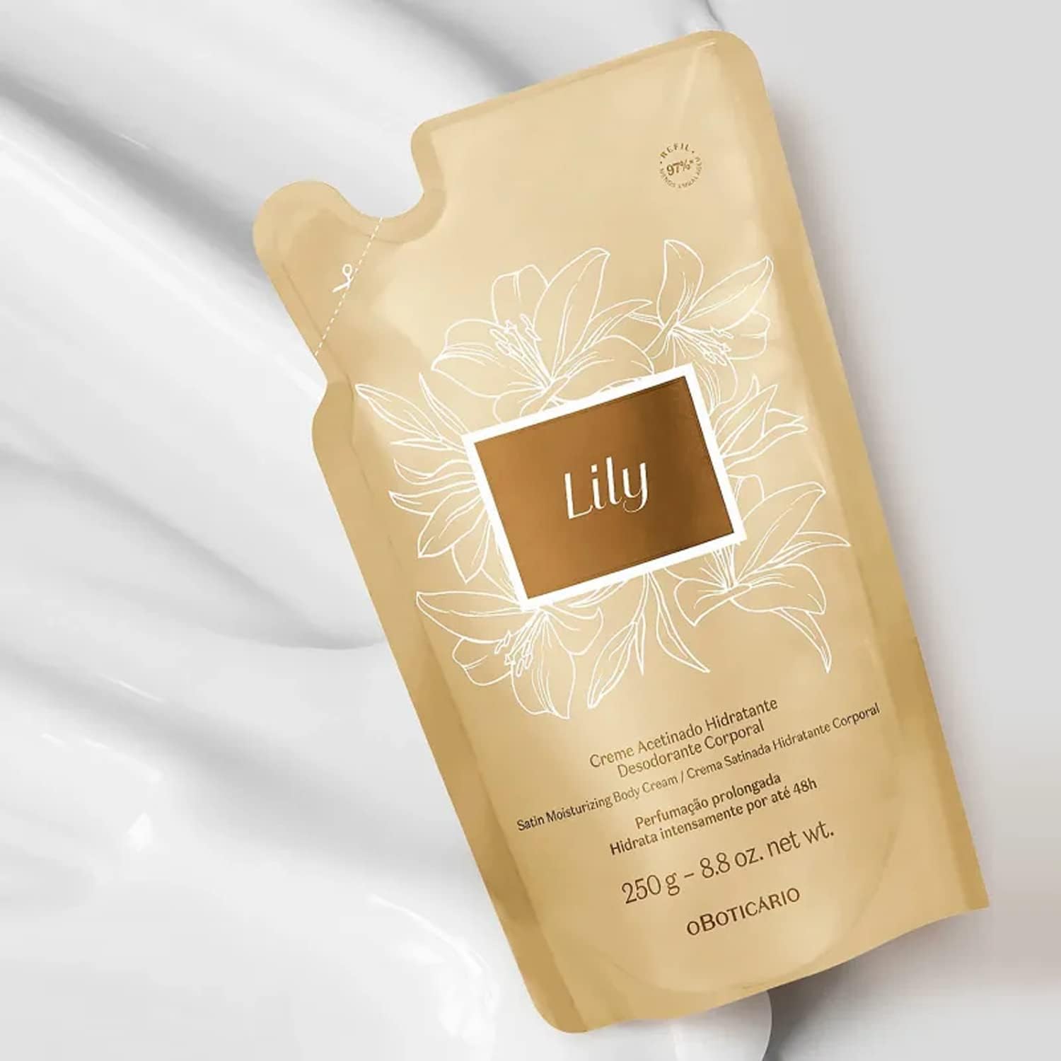 O Boticário Lily Satin Moisturizing Body Cream Refill Pouch – 24h Hydration, Fragrance (250g)