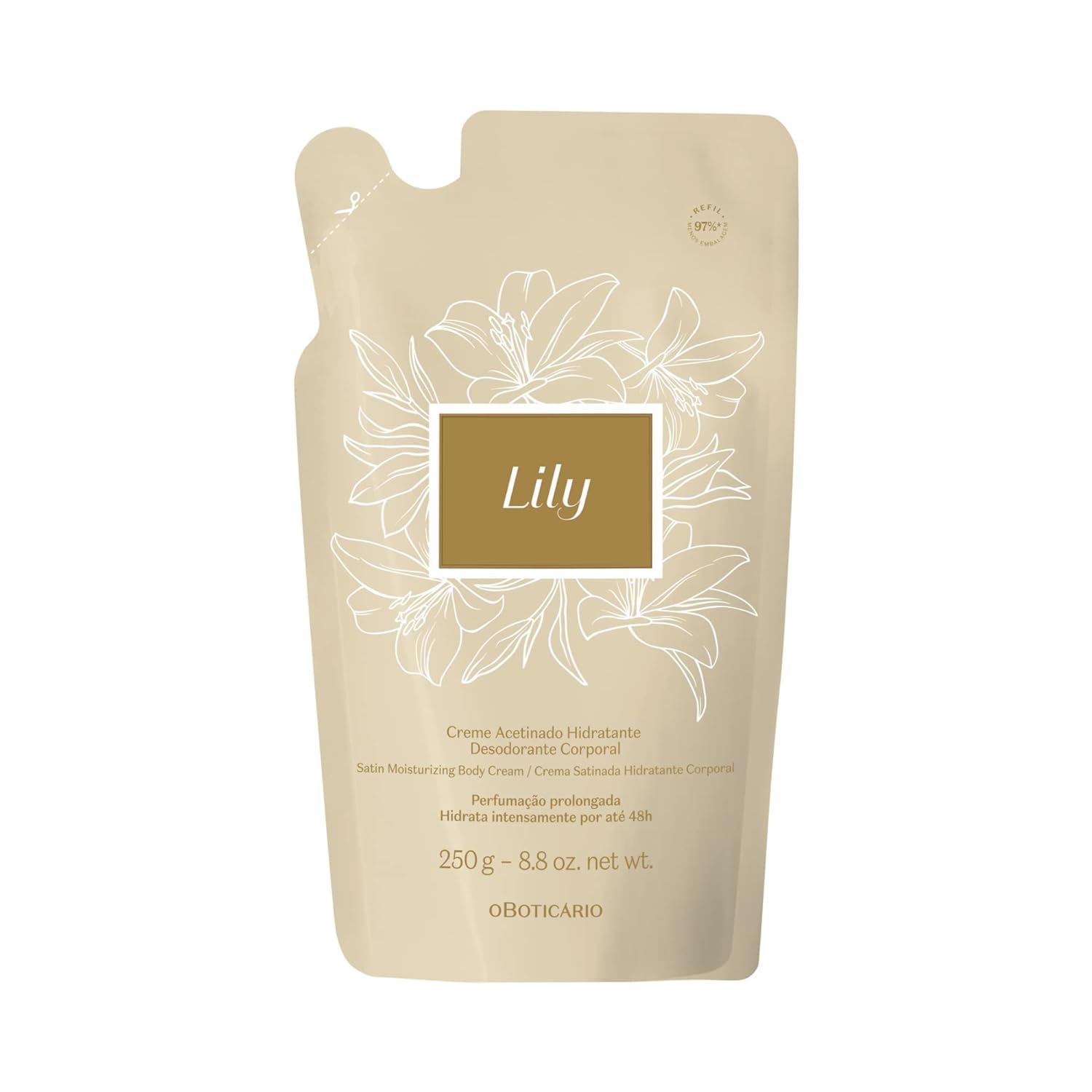 O Boticário Lily Satin Moisturizing Body Cream Refill Pouch – 24h Hydration, Fragrance (250g)