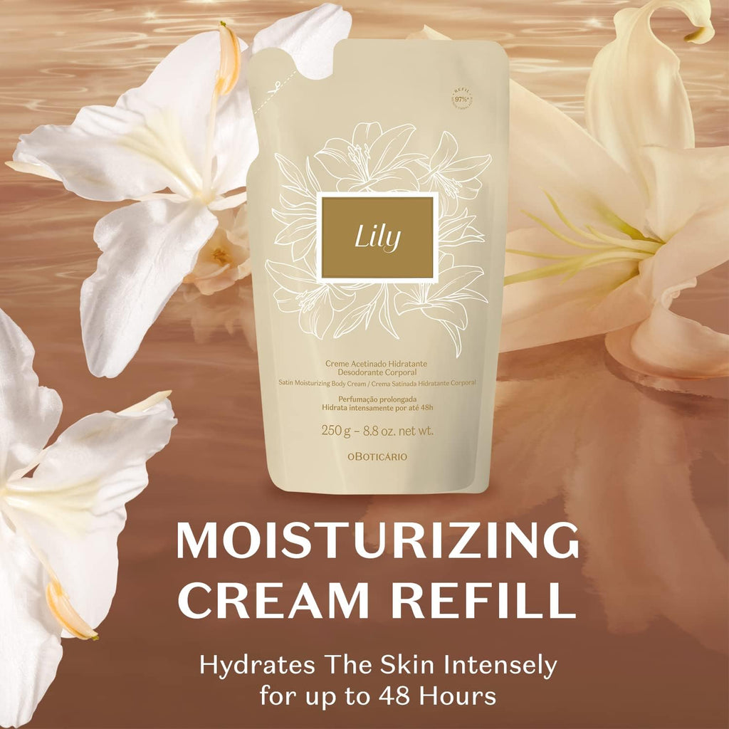O Boticário Lily Satin Moisturizing Body Cream Refill Pouch – 24h Hydration, Fragrance (250g)