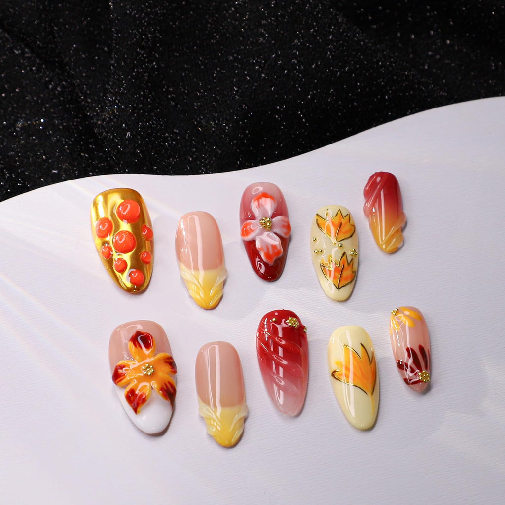 OCOUYVD Handmade Press On Nails – Fall Floral Yellow Gradient, Almond Shape, Medium (Size M)