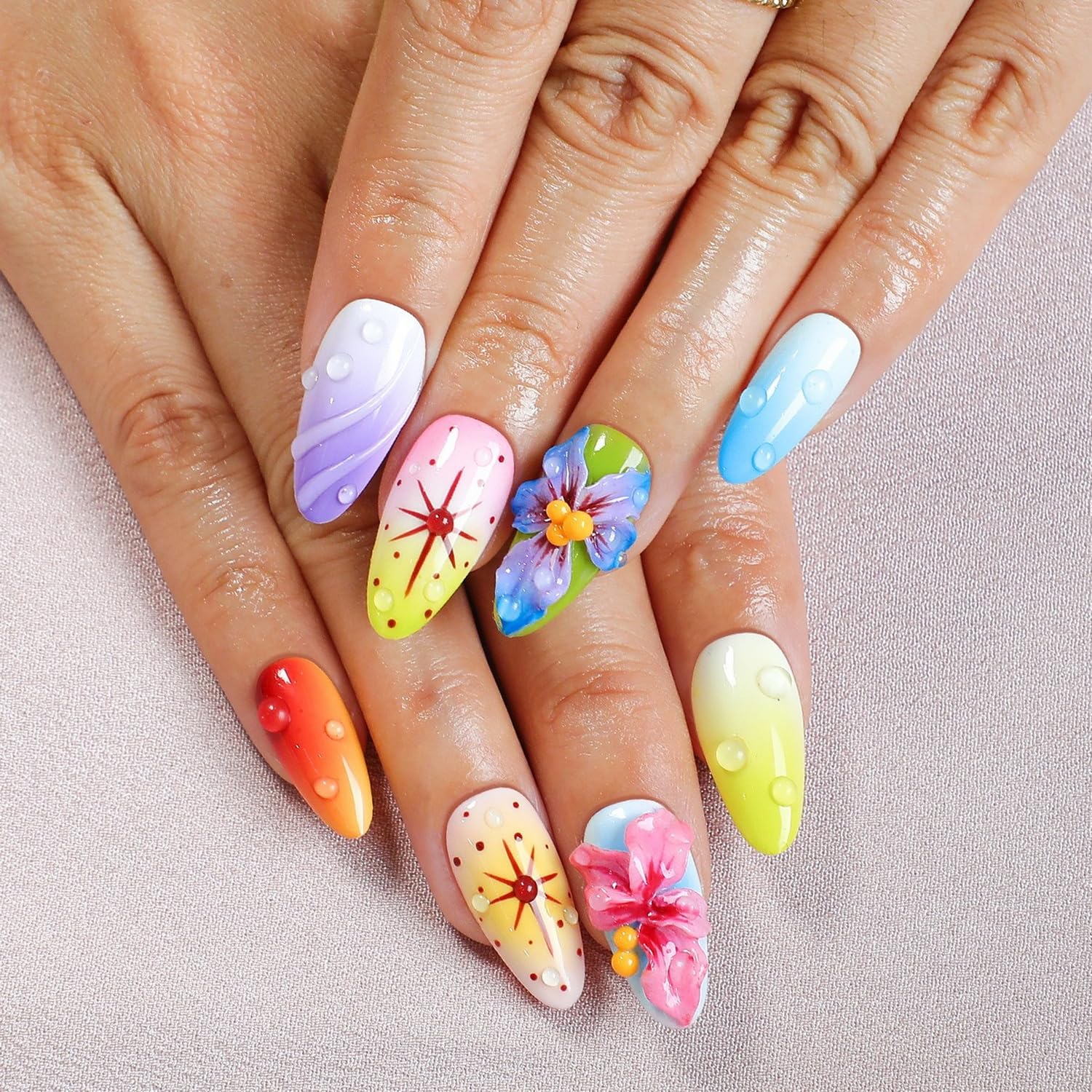 OCOUYVD Handmade Press on Nails – Medium Almond, 3D Flower Design, Thick Acrylic