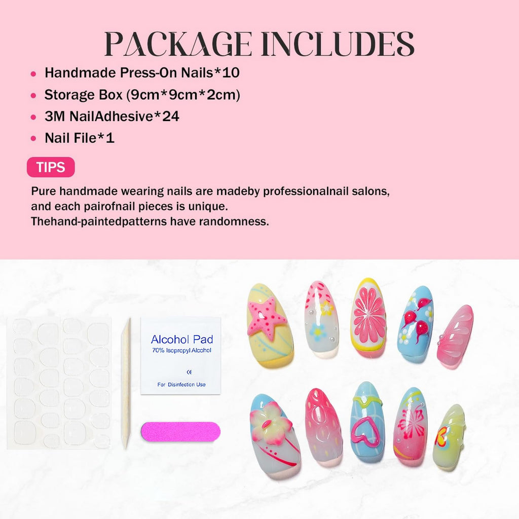 OCOUYVD Handmade Press on Nails – Medium Almond, 3D Flower Design, Thick Acrylic