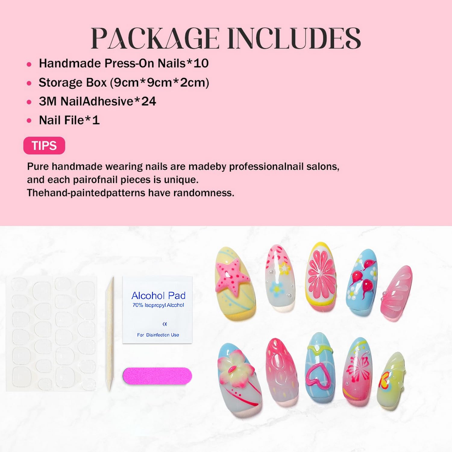 OCOUYVD Handmade Press on Nails – Medium Almond, 3D Flower Design, Thick Acrylic