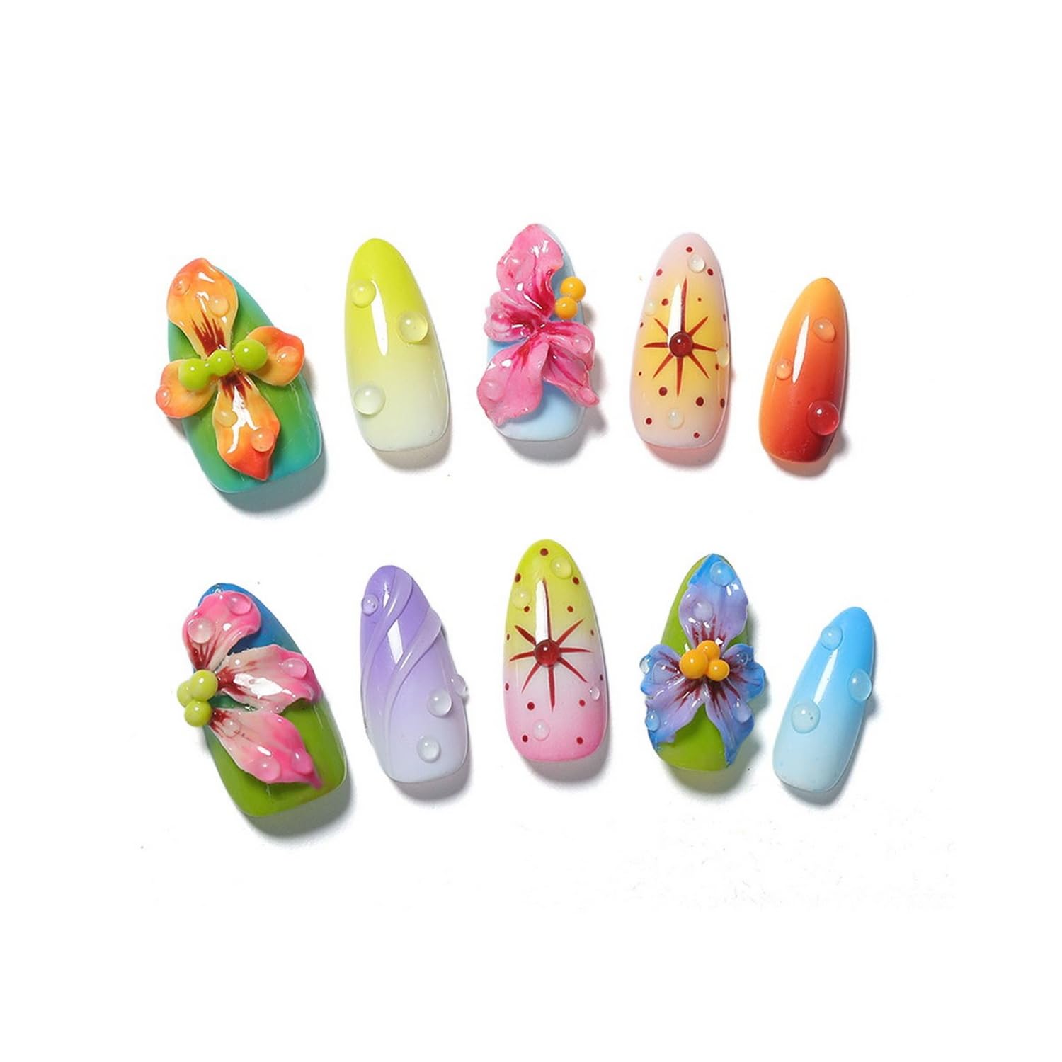 OCOUYVD Handmade Press on Nails – Medium Almond, 3D Flower Design, Thick Acrylic