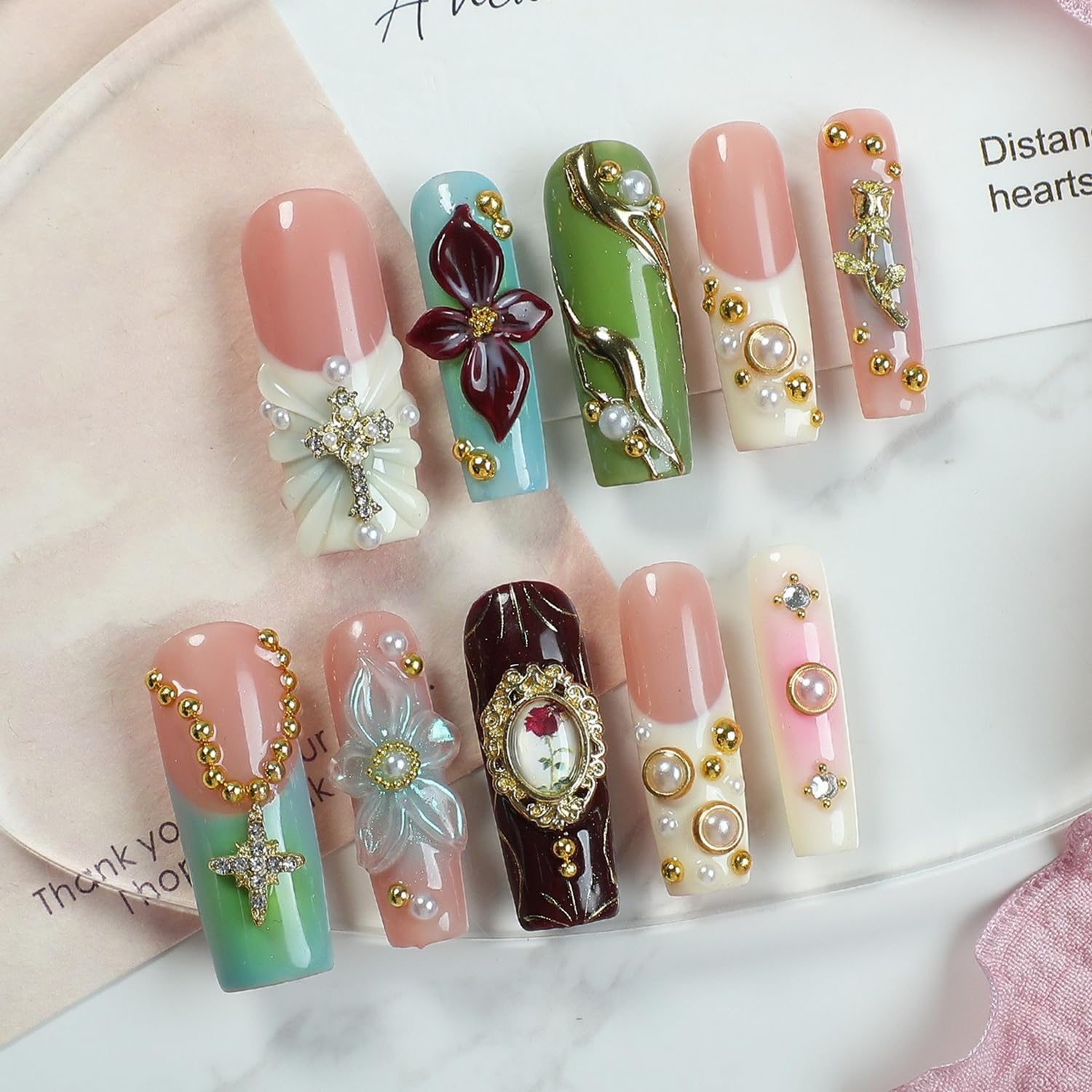 OCOUYVD Handmade Press On Nails – Long Square with Pearl Rhinestones & 3D Flower Art (Size M)