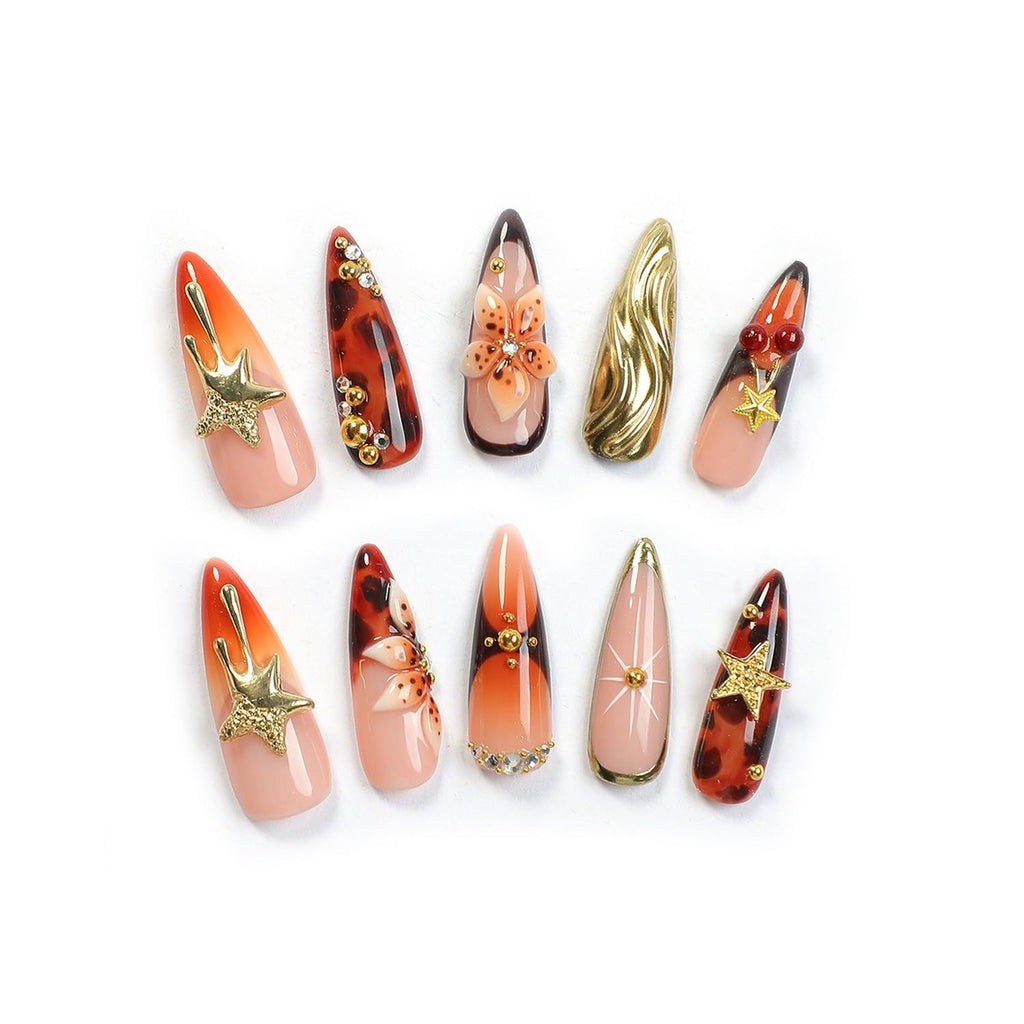 OCOUYVD Handmade Press-On Nails – Thickened Salon-Quality Long Almond Nails with 3D Flowers, Stars, Cherry & Rhinestones