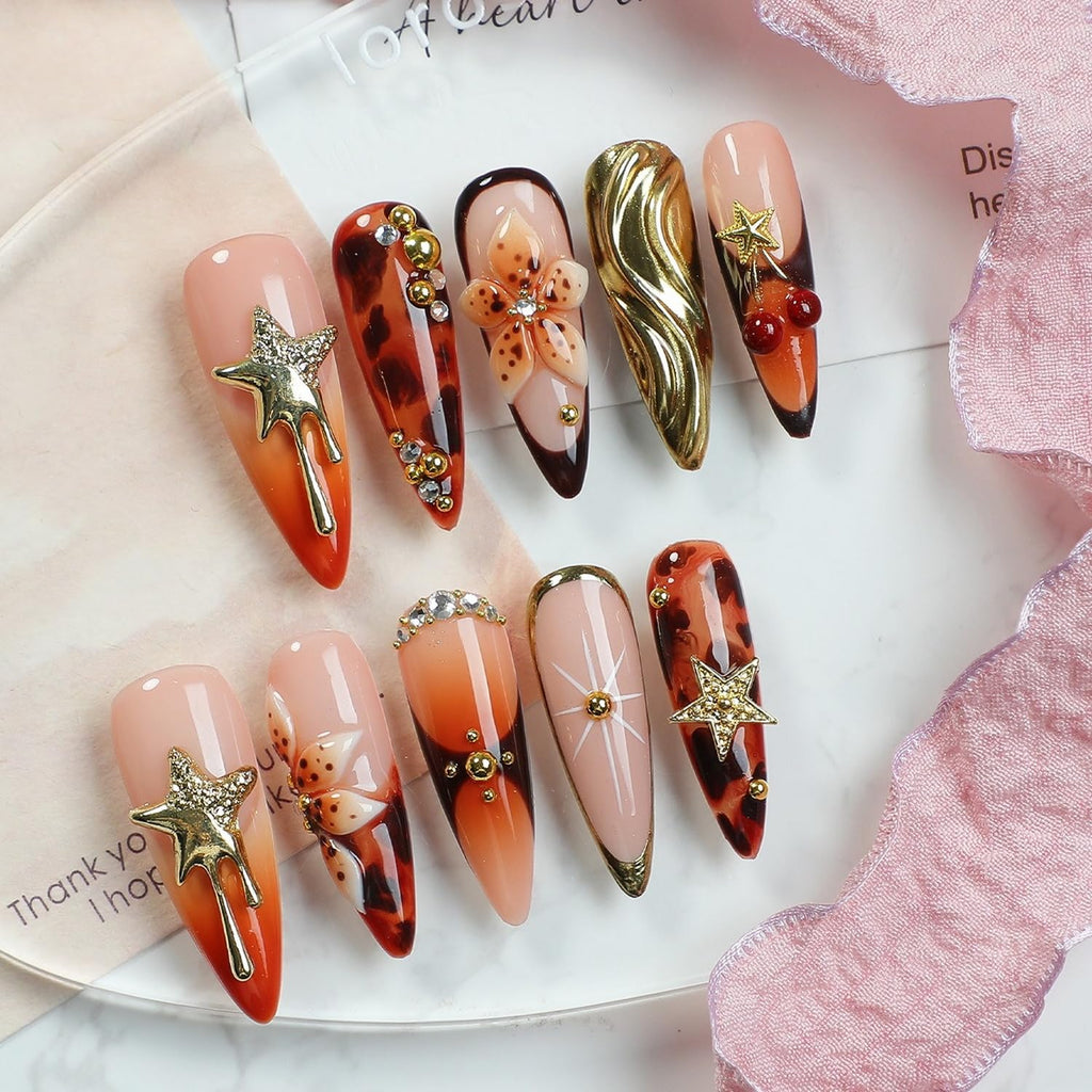 OCOUYVD Handmade Press-On Nails – Thickened Salon-Quality Long Almond Nails with 3D Flowers, Stars, Cherry & Rhinestones