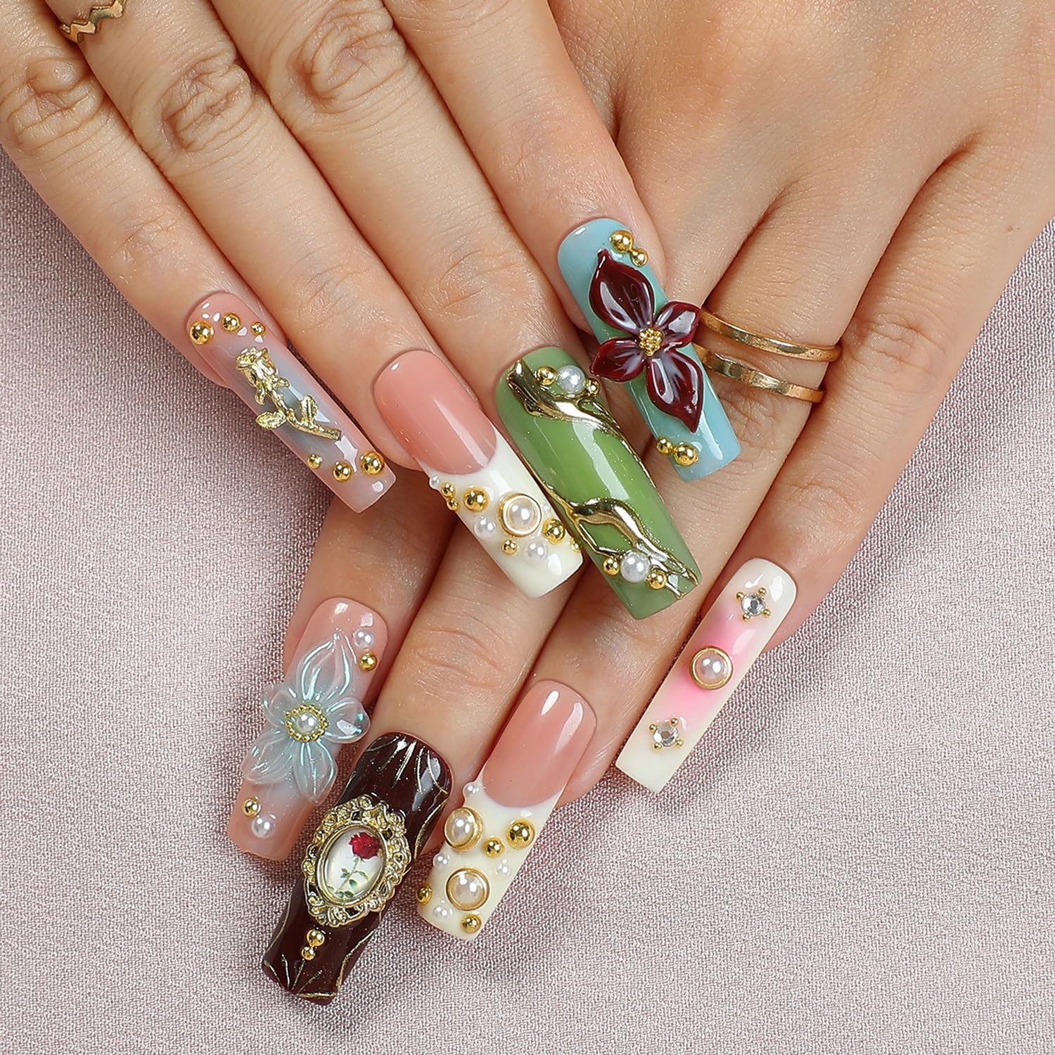 OCOUYVD Handmade Press On Nails – Long Square with Pearl Rhinestones & 3D Flower Art (Size M)