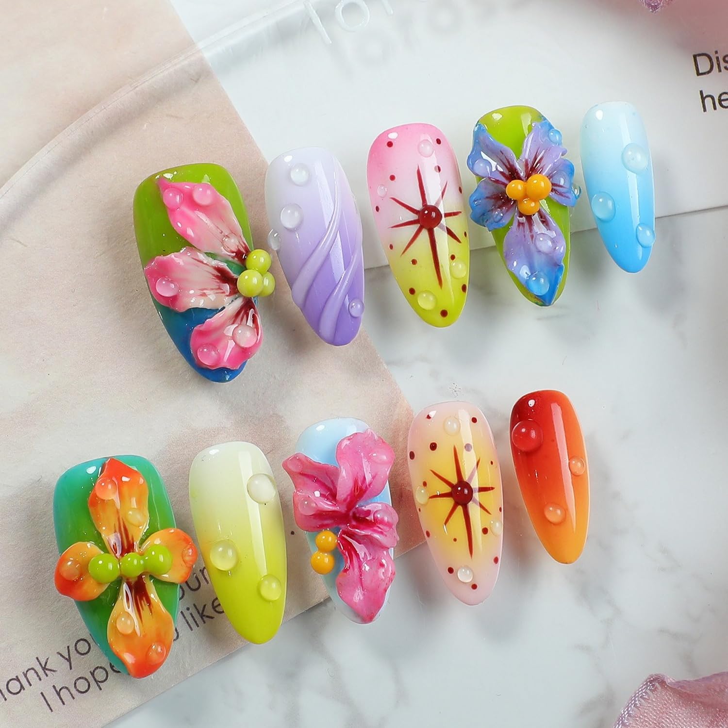 OCOUYVD Handmade Press on Nails – Medium Almond, 3D Flower Design, Thick Acrylic