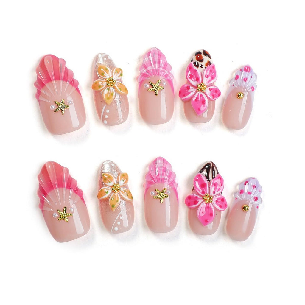OCOUYVD Handmade Press-On Nails – French Tip Almond, 3D Flower & Starfish (Size M)