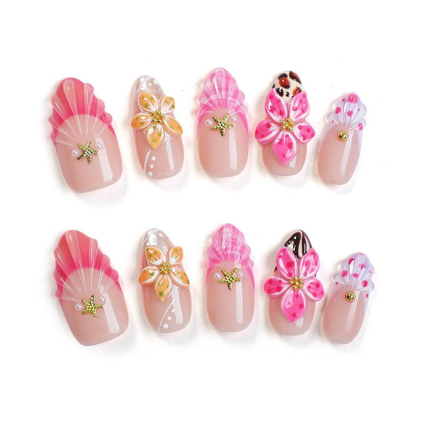 OCOUYVD Handmade Press-On Nails – French Tip Almond, 3D Flower & Starfish (Size M)