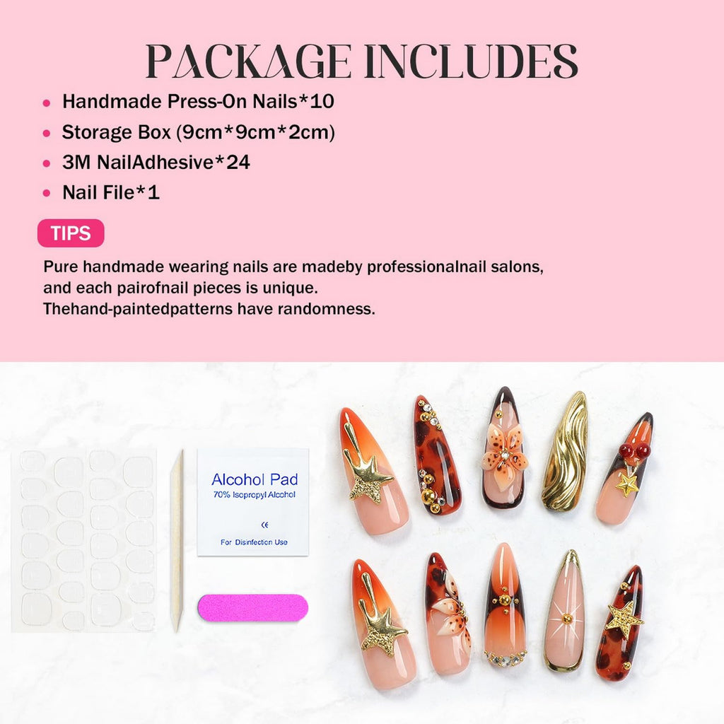 OCOUYVD Handmade Press-On Nails – Thickened Salon-Quality Long Almond Nails with 3D Flowers, Stars, Cherry & Rhinestones