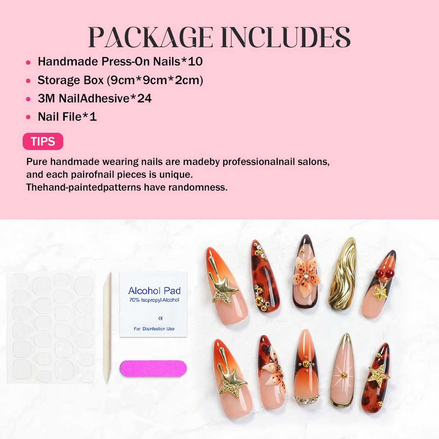 OCOUYVD Handmade Press-On Nails – Thickened Salon-Quality Long Almond Nails with 3D Flowers, Stars, Cherry & Rhinestones