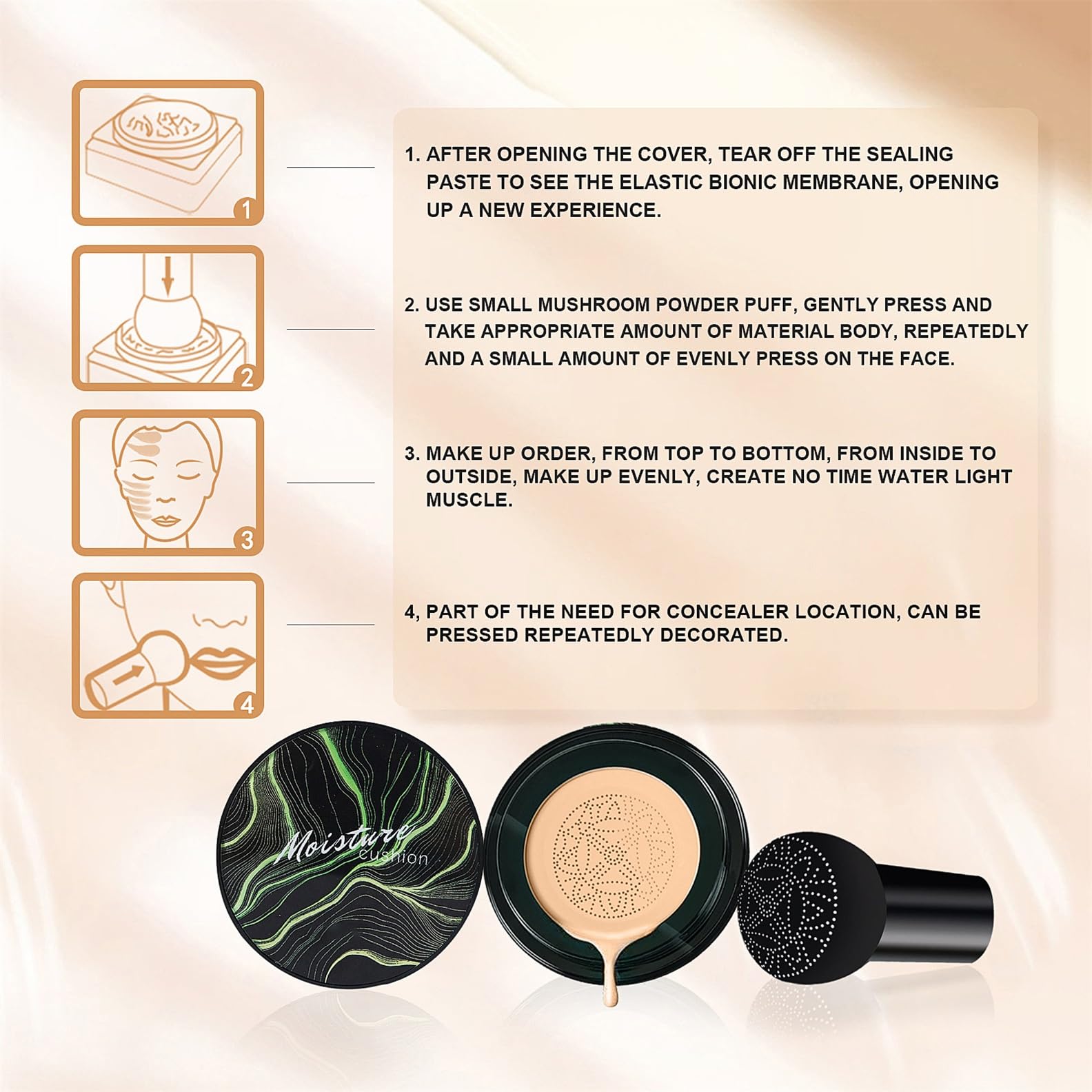 OETUIOW Mushroom Head Air Cushion CC Cream – Moisturizing BB Foundation for Mature Skin (Buff Beige)