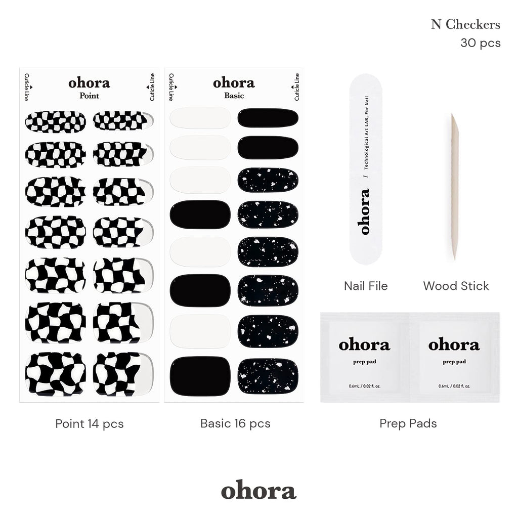 ohora Semi Cured Gel Nail Strips (N Checkers) - Dark Patterned, UV/LED Compatible, Includes Prep Pads & Tools