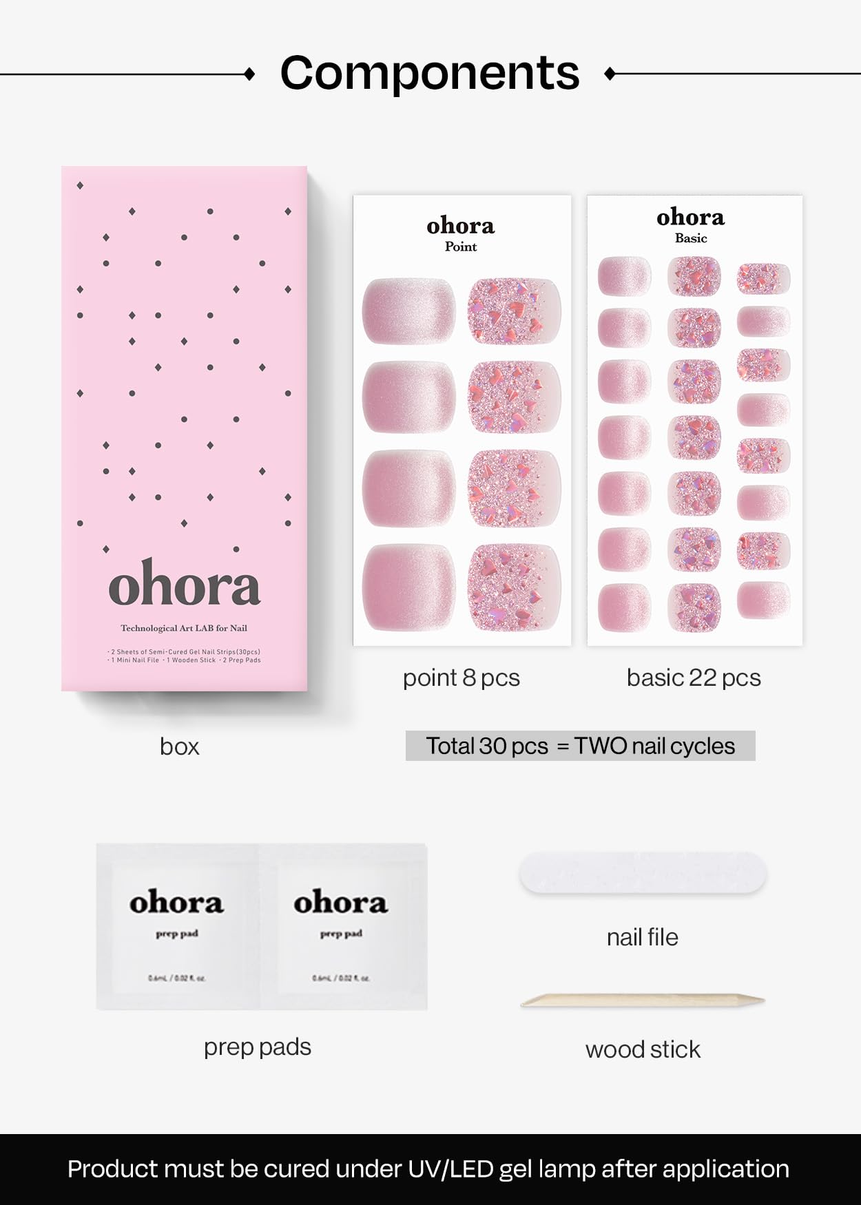 ohora Semi Cured Gel Pedi Strips (P Heart Glimmer) – Salon-Quality Nails at Home, Works with Any Nail Lamp