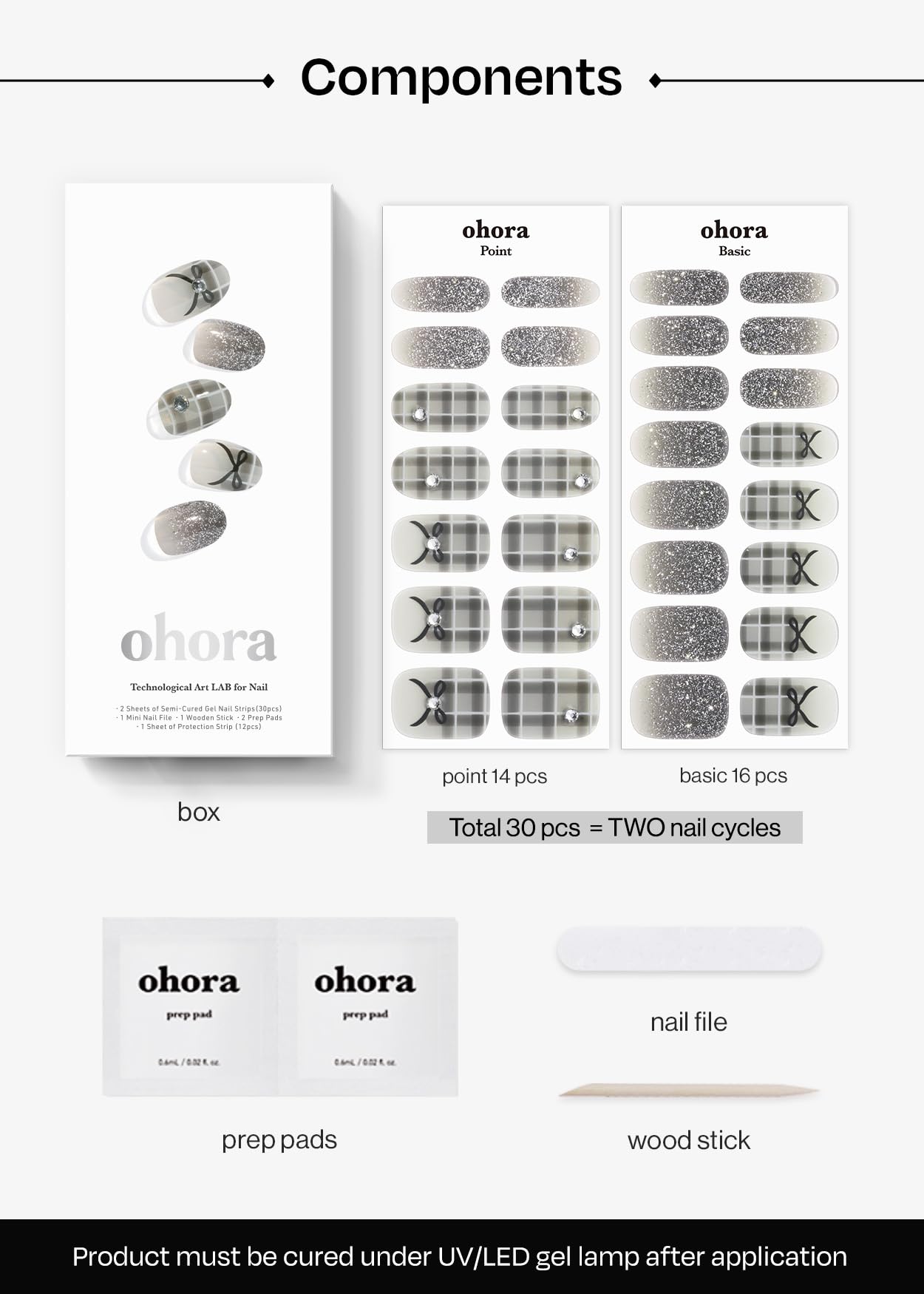 ohora Semi Cured Gel Nail Strips (N Check Noir) – Salon-Quality Nails at Home | Works with Any Lamp