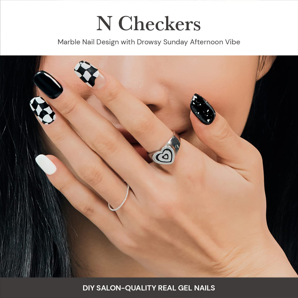 ohora Semi Cured Gel Nail Strips (N Checkers) - Dark Patterned, UV/LED Compatible, Includes Prep Pads & Tools