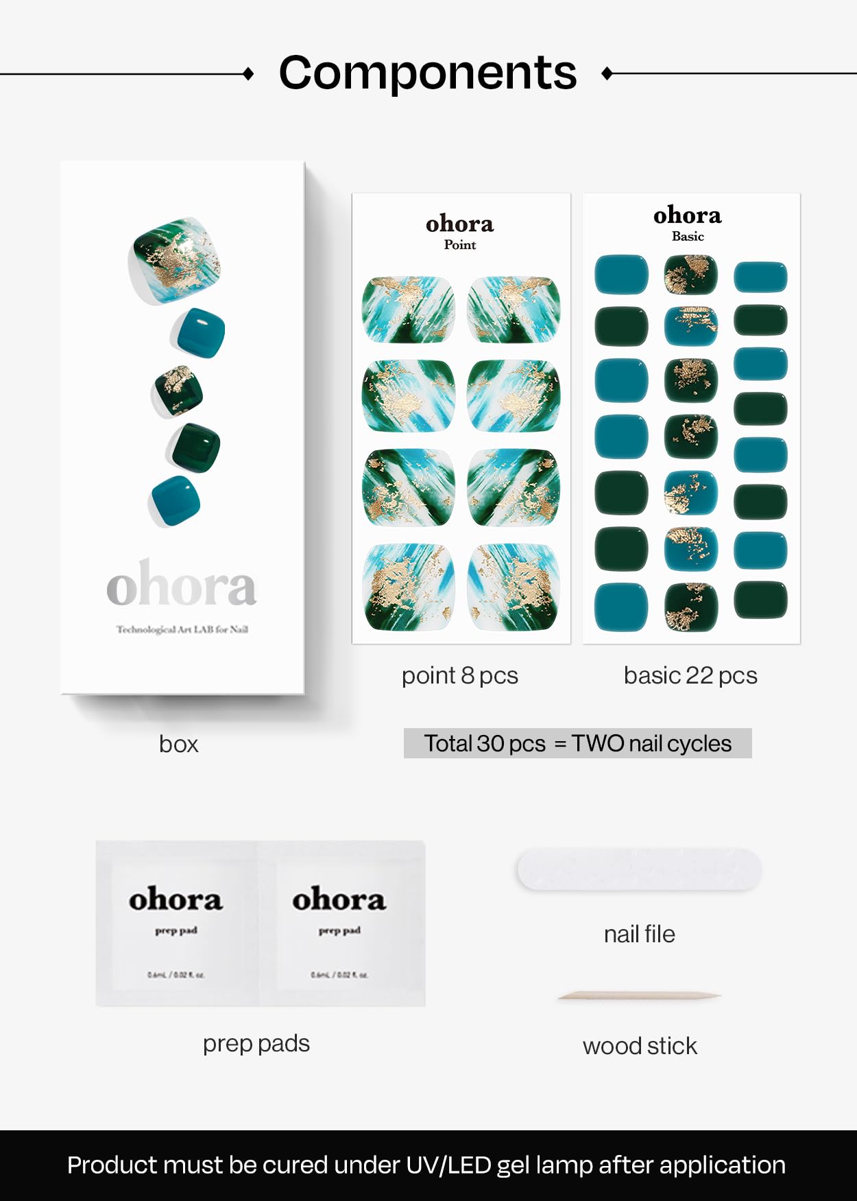 ohora Semi-Cured Gel Pedi Strips 34pcs (Phytoncide) – 16 Solid Colors, 14 Accent Wraps, Prep Pads & Tools