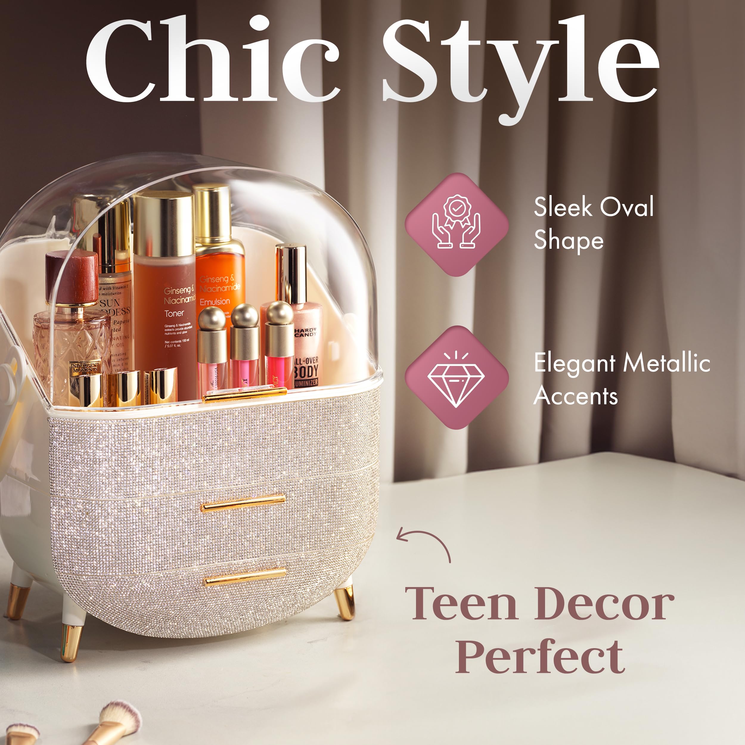 Oizeir Covered Makeup Countertop – Large Cosmetic Organizer with Clear Lid & Drawers