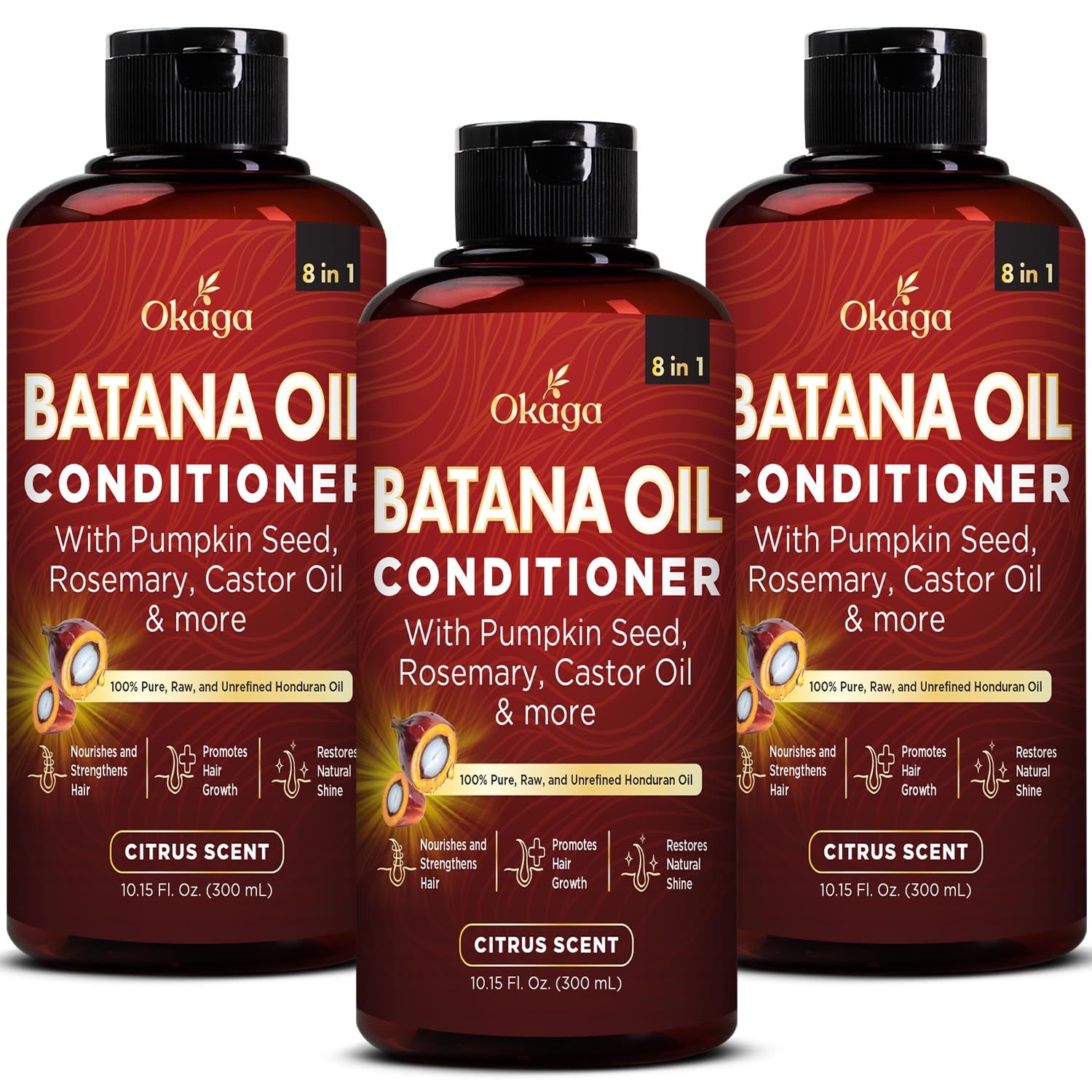 Okaga Batana Oil Conditioner – 8-in-1 Hydration for Hair, Aloe, Biotin & Plant Oils – Citrus Scent – 10.15 fl oz – 3 Pack