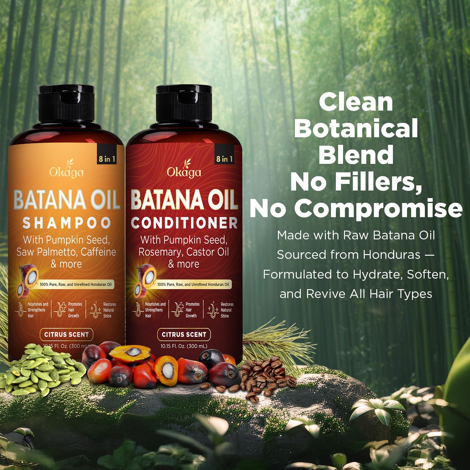 Okaga Batana Oil Shampoo & Conditioner Bundle – 2 × 10.15 fl oz, Citrus Scent, 8‑in‑1 Plant‑Based Hair Care