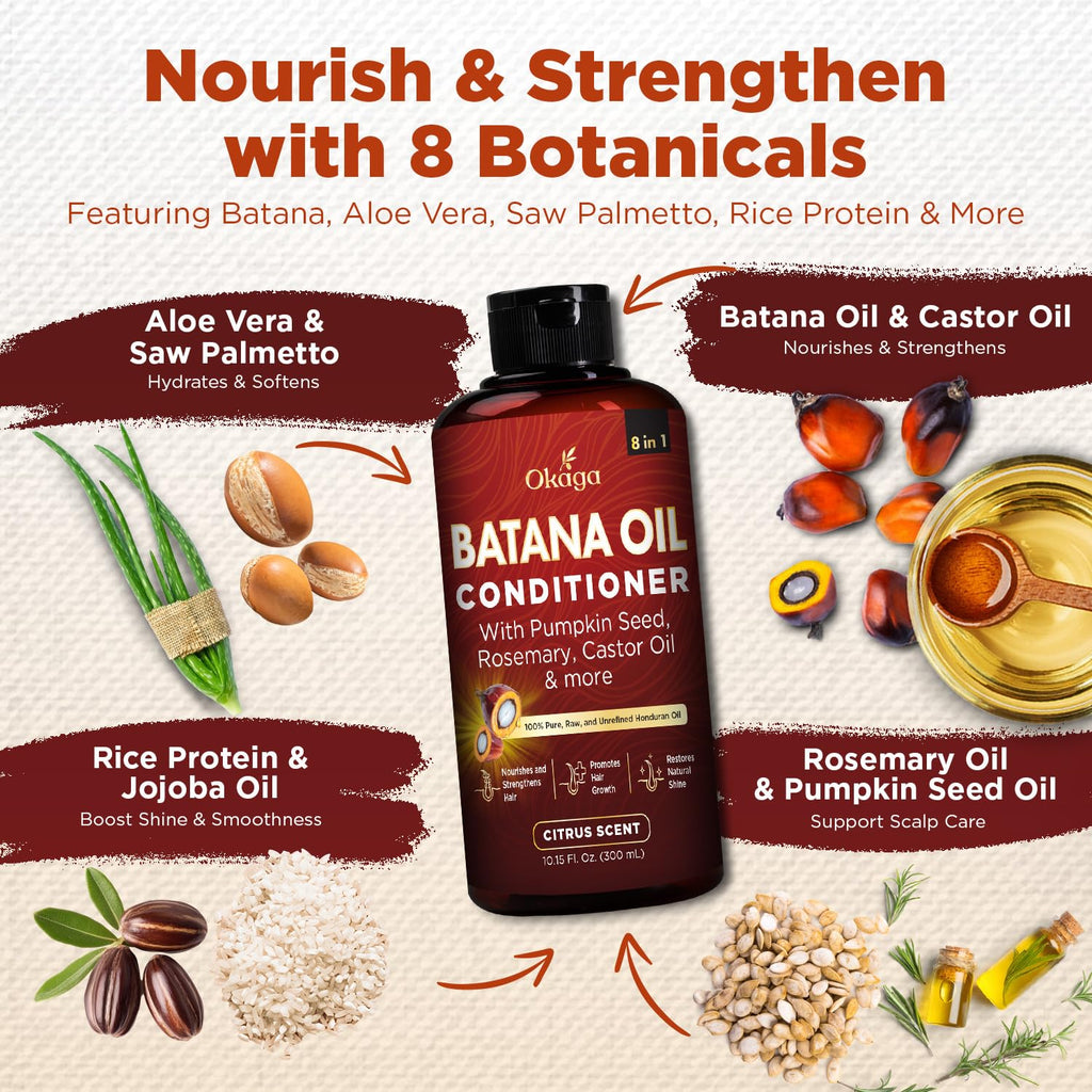 Okaga Batana Oil Conditioner – 8-in-1 Hydration for Hair, Aloe, Biotin & Plant Oils – Citrus Scent – 10.15 fl oz – 3 Pack