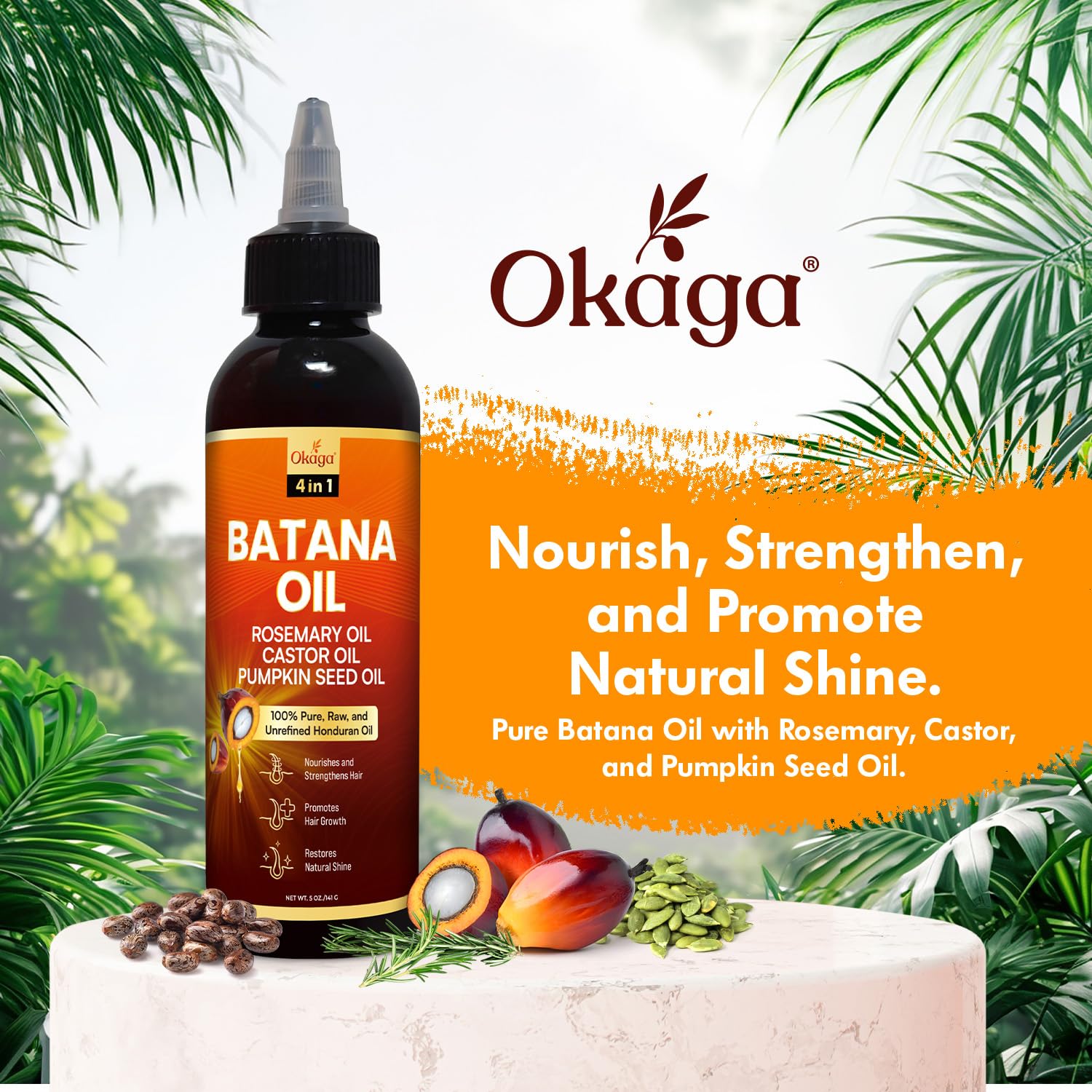 Okaga Batana Oil for Hair Growth – Rosemary, Castor & Pumpkin Seed Oils, Honduran Formula (3-Pack)