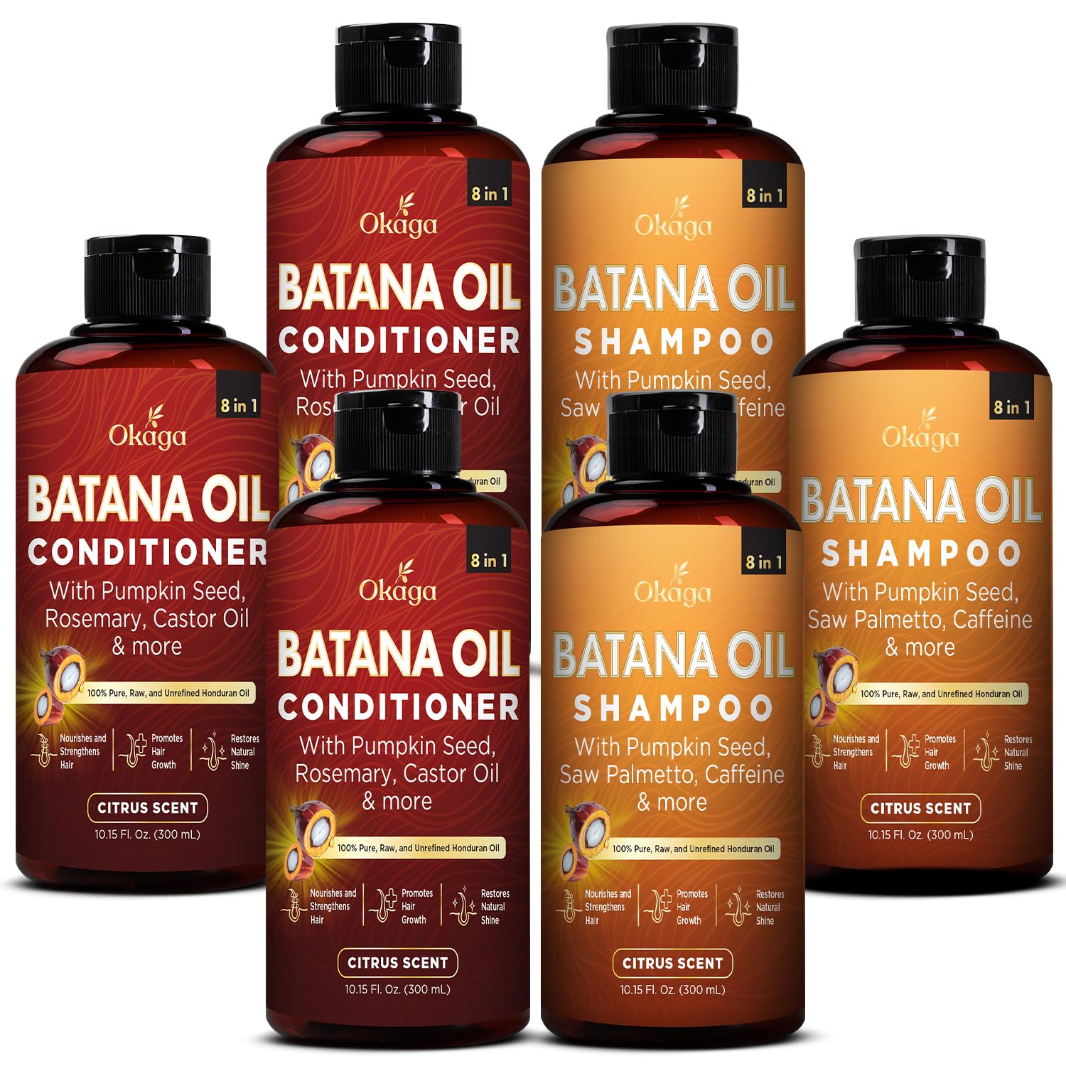 Okaga Batana Oil Shampoo & Conditioner Bundle — 3 Pack, Citrus Scent, Aloe Vera & Biotin