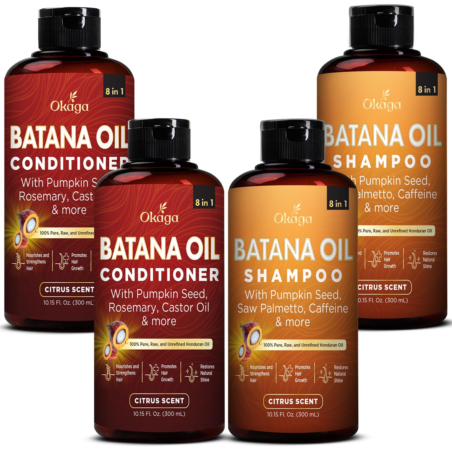 Okaga Batana Oil Shampoo & Conditioner Bundle – 2 × 10.15 fl oz, Citrus Scent, 8‑in‑1 Plant‑Based Hair Care