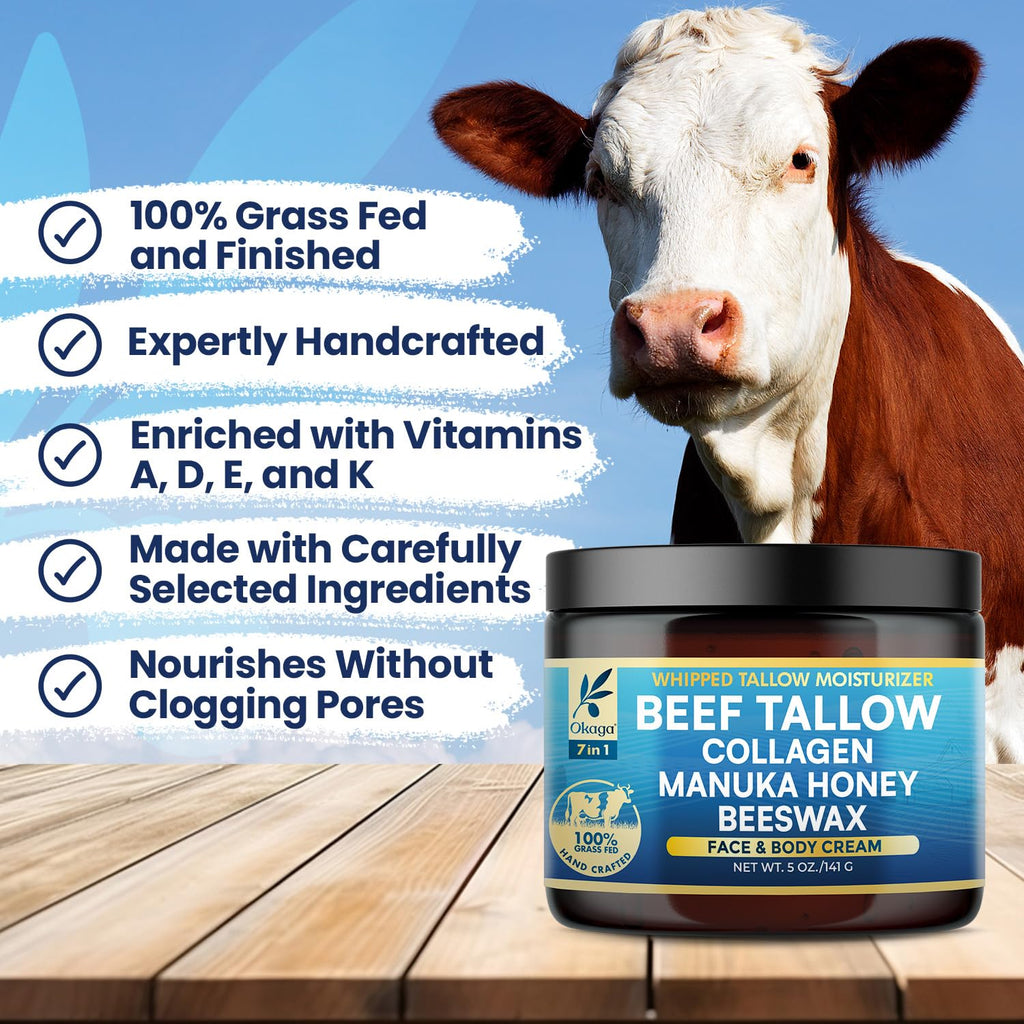 Okaga Organic Beef Tallow Balm – Grass-Fed, Manuka Honey & Aloe | 5oz