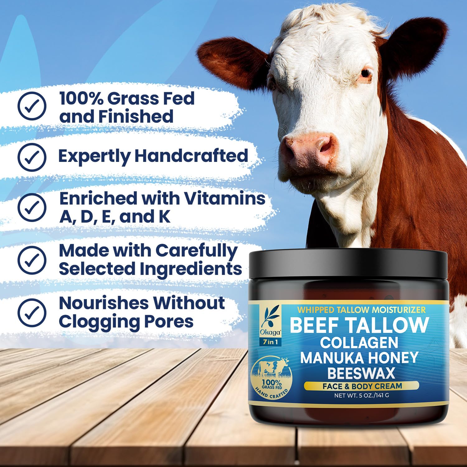 Okaga Organic Beef Tallow Balm – Grass-Fed, Manuka Honey & Aloe | 5oz