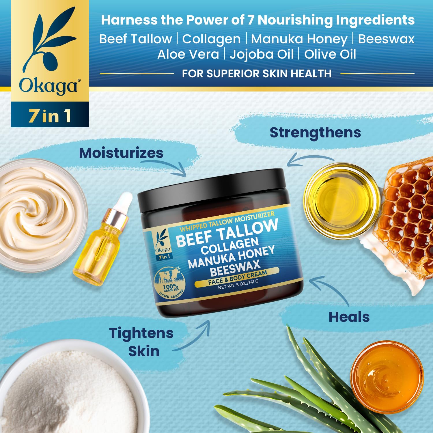 Okaga Organic Beef Tallow Balm 2 Pack – Grass-Fed Tallow with Manuka Honey & Aloe