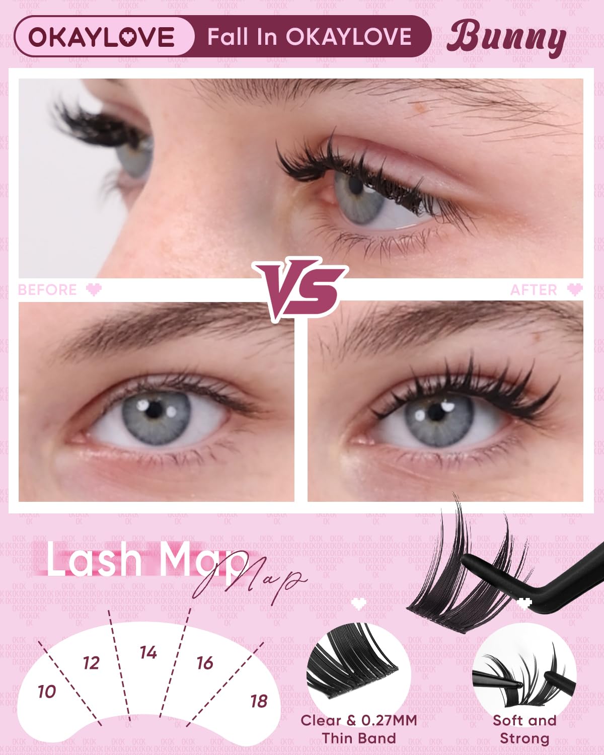 OKAYLOVE Manga Lash Clusters Kit – Bunny 8–18mm Anime Lashes with Bond & Seal, Tweezers