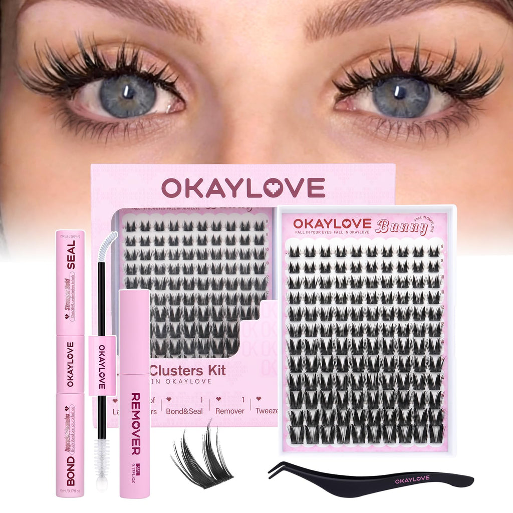 OKAYLOVE Bunny Lash Clusters Kit – 8–18mm Wipsy Lashes, Bond & Seal