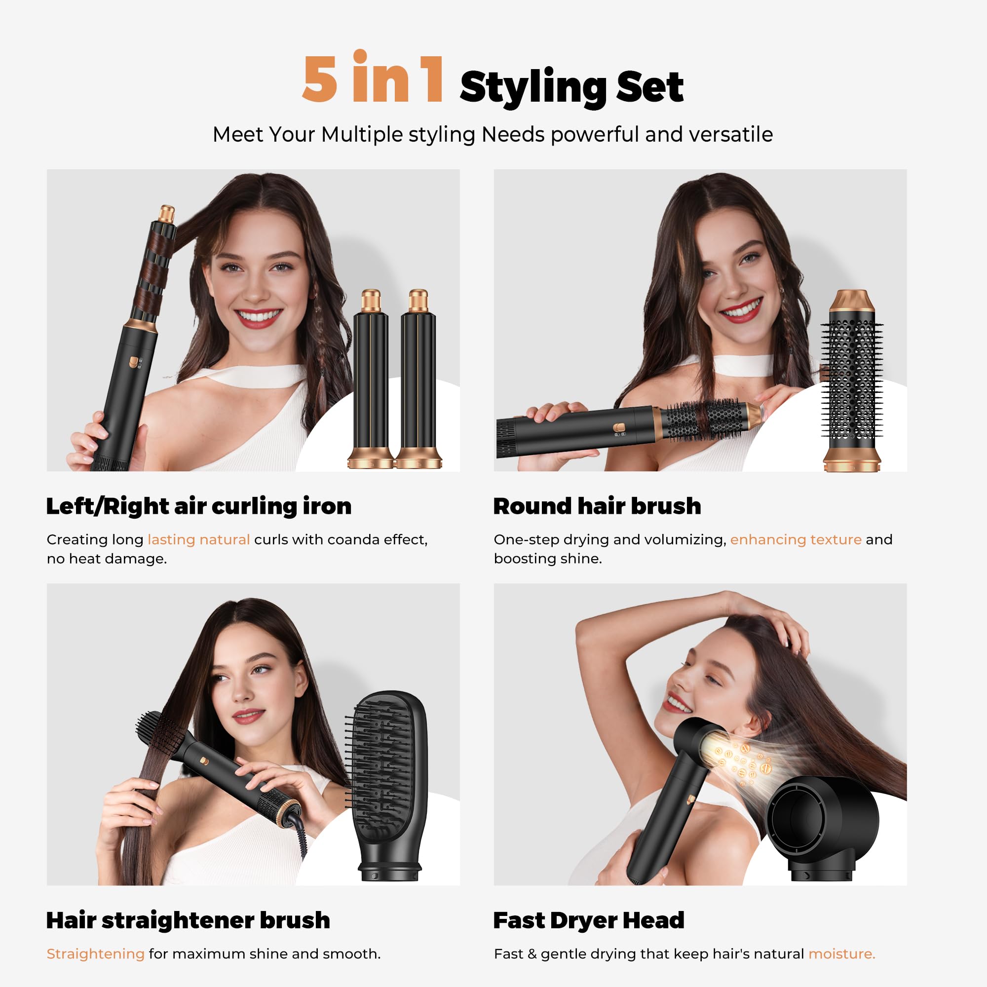 OKWRAP 5-in-1 Hair Dryer Brush Set – Negative Ionic Hot Air Styler with Auto-Wrap Curlers