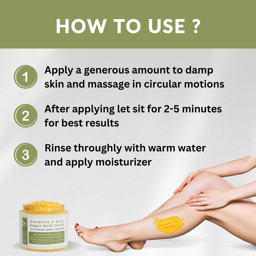 Olahoni Kojic Acid Turmeric & Manuka Honey Sugar Scrub – Exfoliate, Brighten, Hydrate – 18 oz Jar – Made in USA