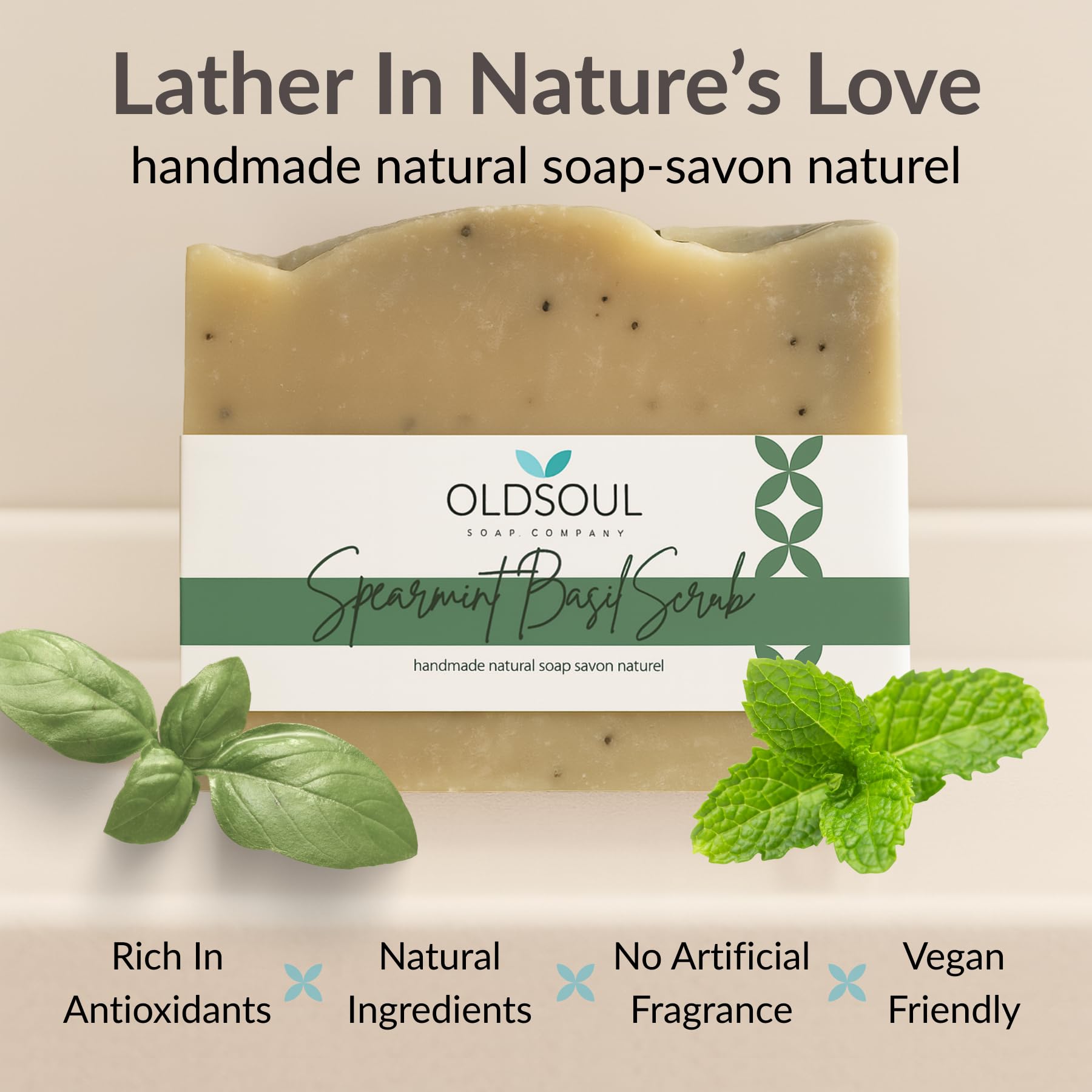 Old Soul Soap Company Spearmint Basil Scrub Soap Collection – Vegan Exfoliating Bars, 5.8 oz (Pack of 4)