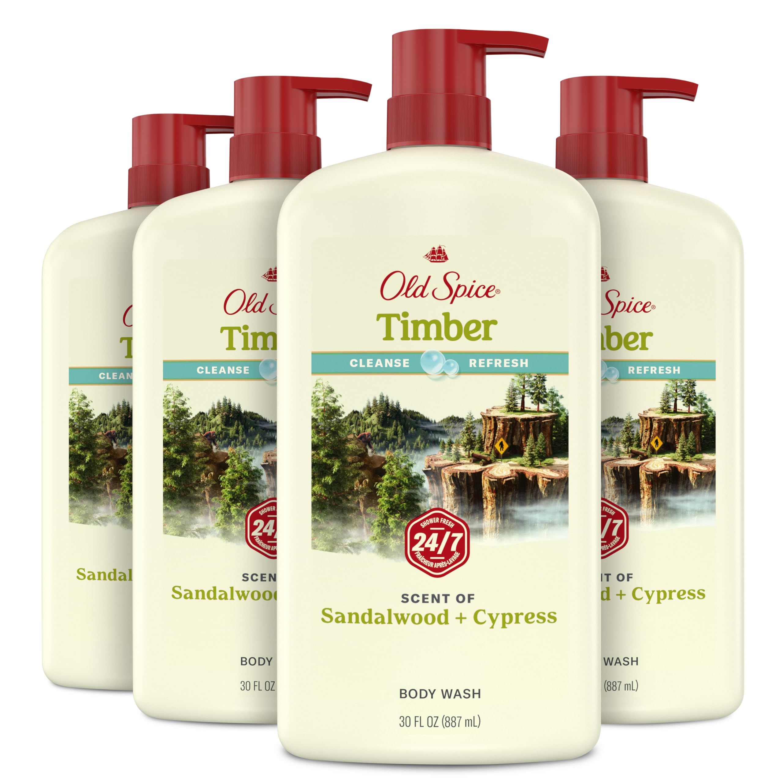 Old Spice Cleansing Body Wash for Men – 24/7 Shower Fresh, Timber-Sandalwood + Cypress, 30 oz (Pack of 4)