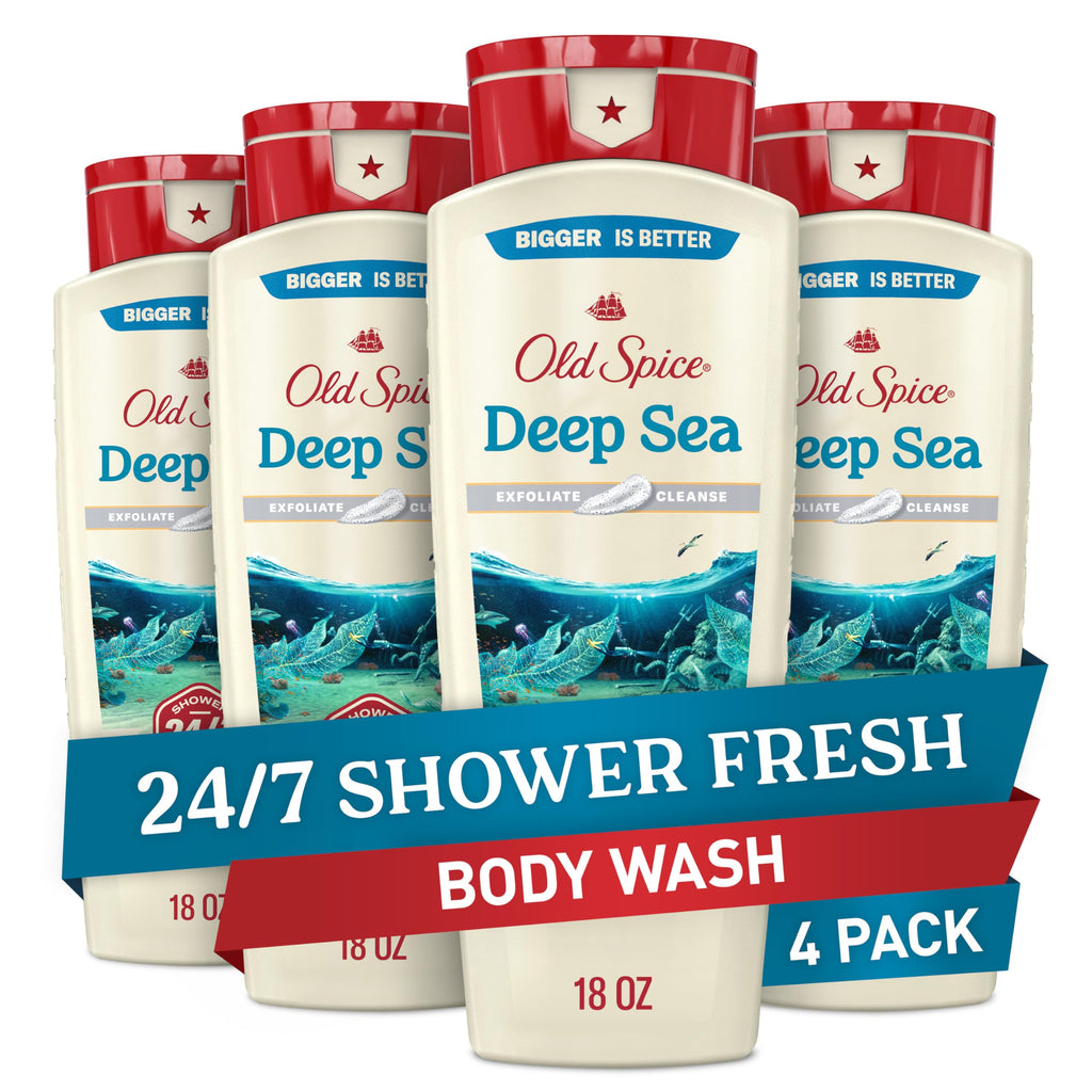 Old Spice Deep Cleanse Body Wash for Men – 24/7 Shower Fresh, Exfoliate & Cleanse, Deep Sea Minerals, Ocean Waves + Kelp Scent, 18 oz x4