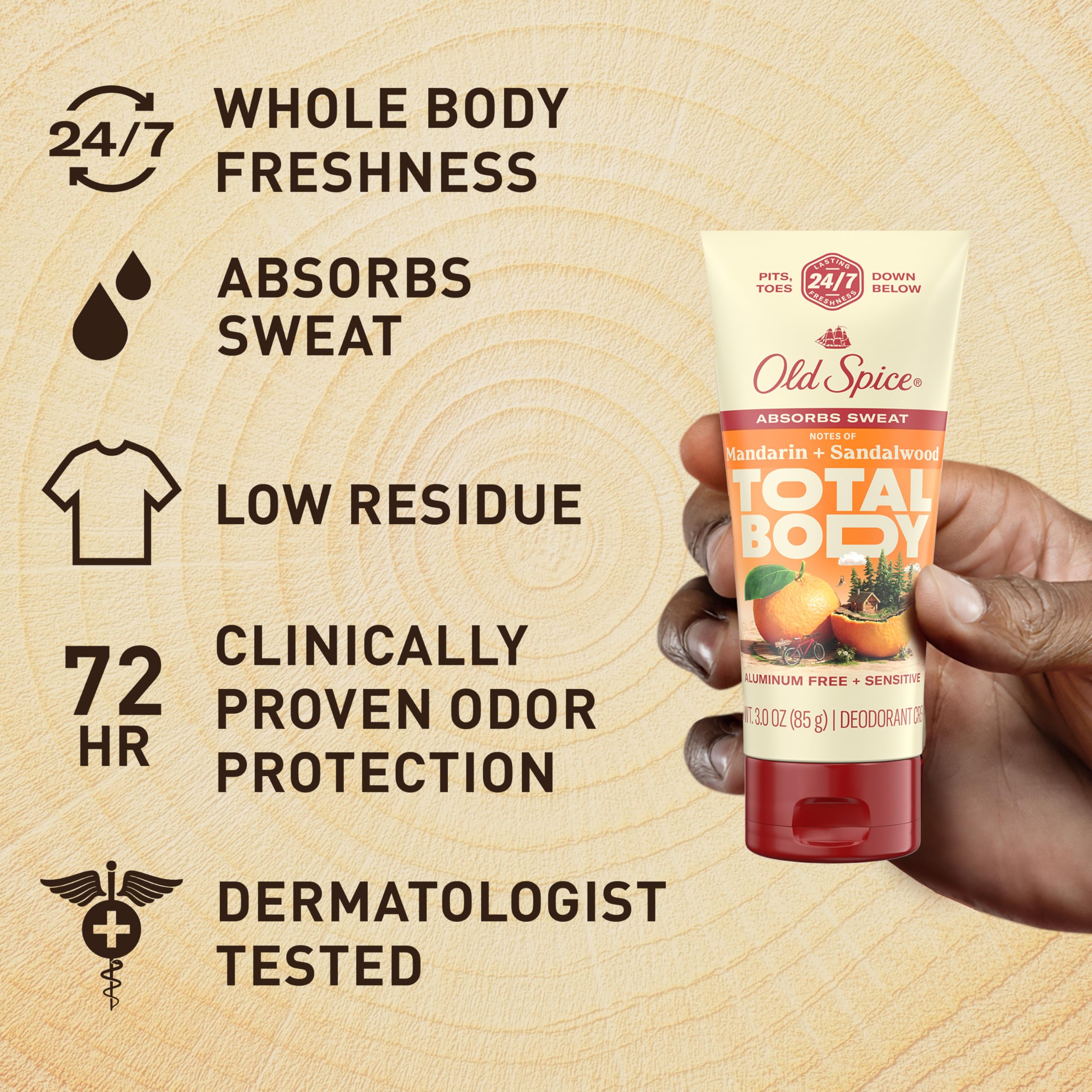 Old Spice Whole Body Deodorant Cream for Men – Aluminum-Free, Mandarin + Sandalwood, 24/7 Odor Protection, 3.0 oz