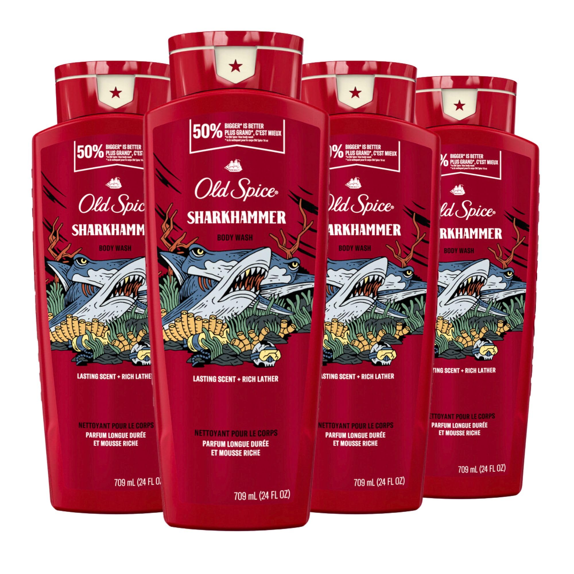 Old Spice Sharkhammer 3X Defense Body Wash for Men | 4 x 24 oz | Lasting Scent