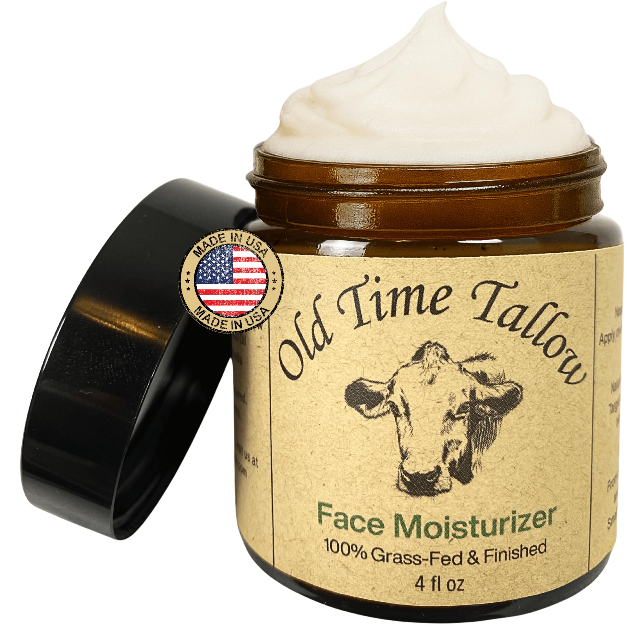 Old Time Tallow Organic Face Moisturizer – 4oz, Grass-Fed Beef Tallow, Amber Glass, Vanilla, Made in USA
